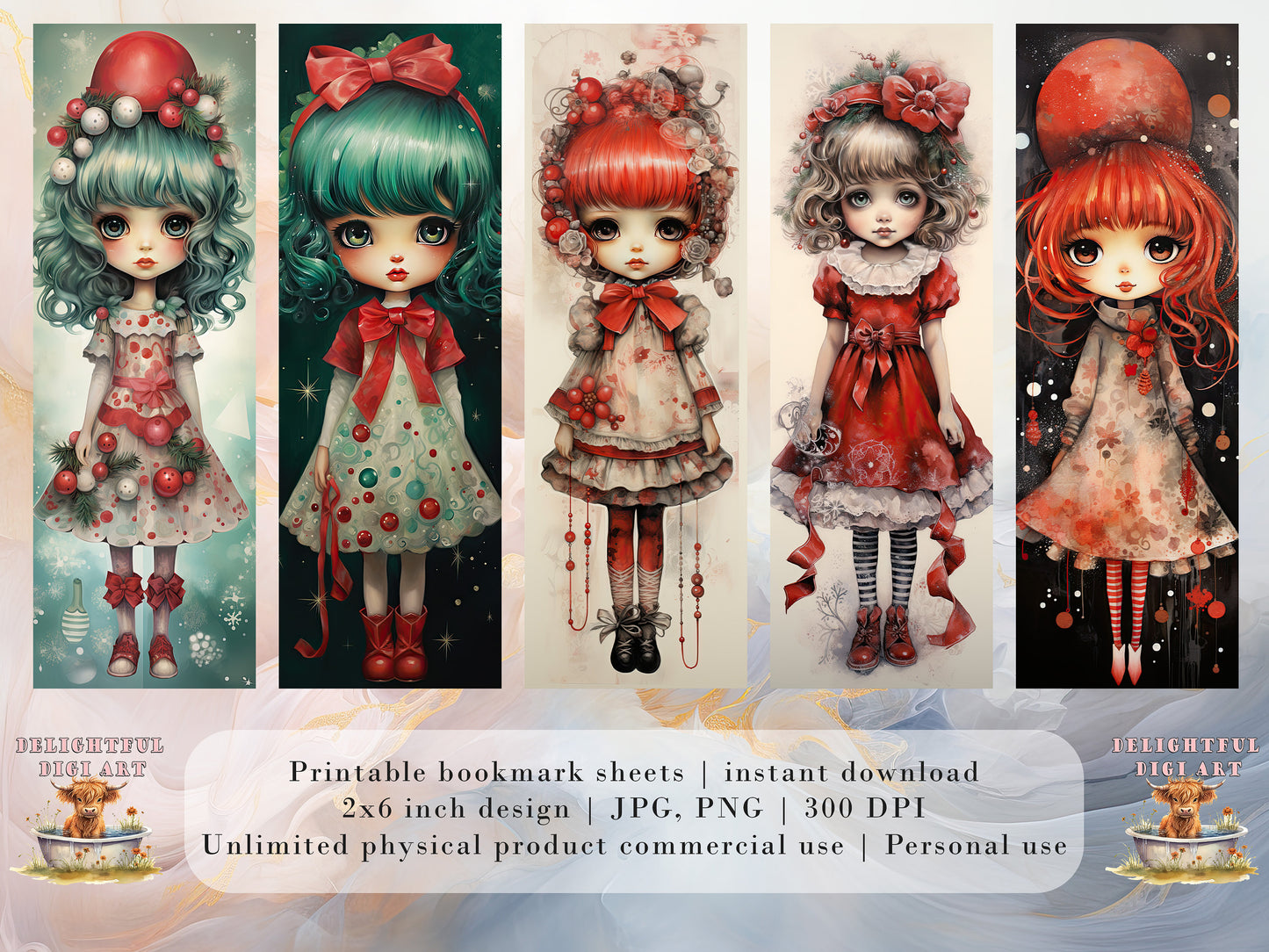 2O Christmas Chibi Girls Watercolor Printable Bookmarks | Digital Download JPG Bookmark Set | PNG bookmark | Big Eyes sublimation bookmarks