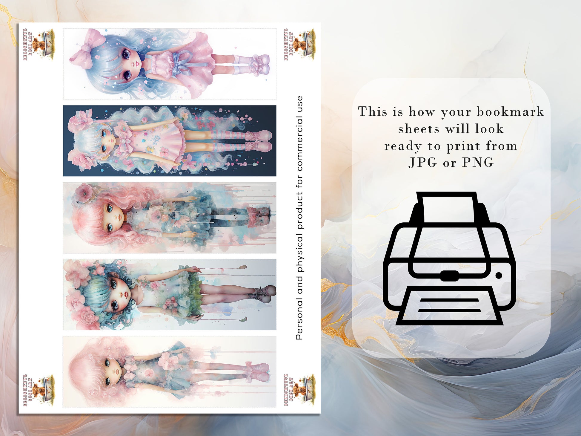 10 Pastel Girls Watercolor Printable Bookmarks | Digital Download JPG Bookmark Set | PNG bookmark | Big Eyes sublimation bookmark set