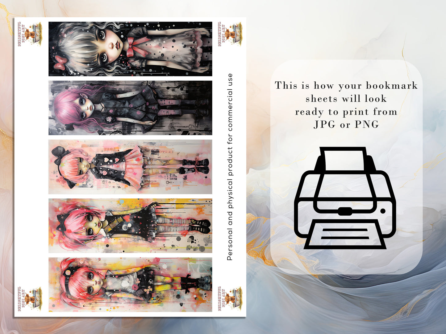 15 Punk Girls Watercolor Printable Bookmarks | Digital Download JPG Bookmark Set | PNG Bundle| Big Eyes sublimation bookmark set| Chibi Girl