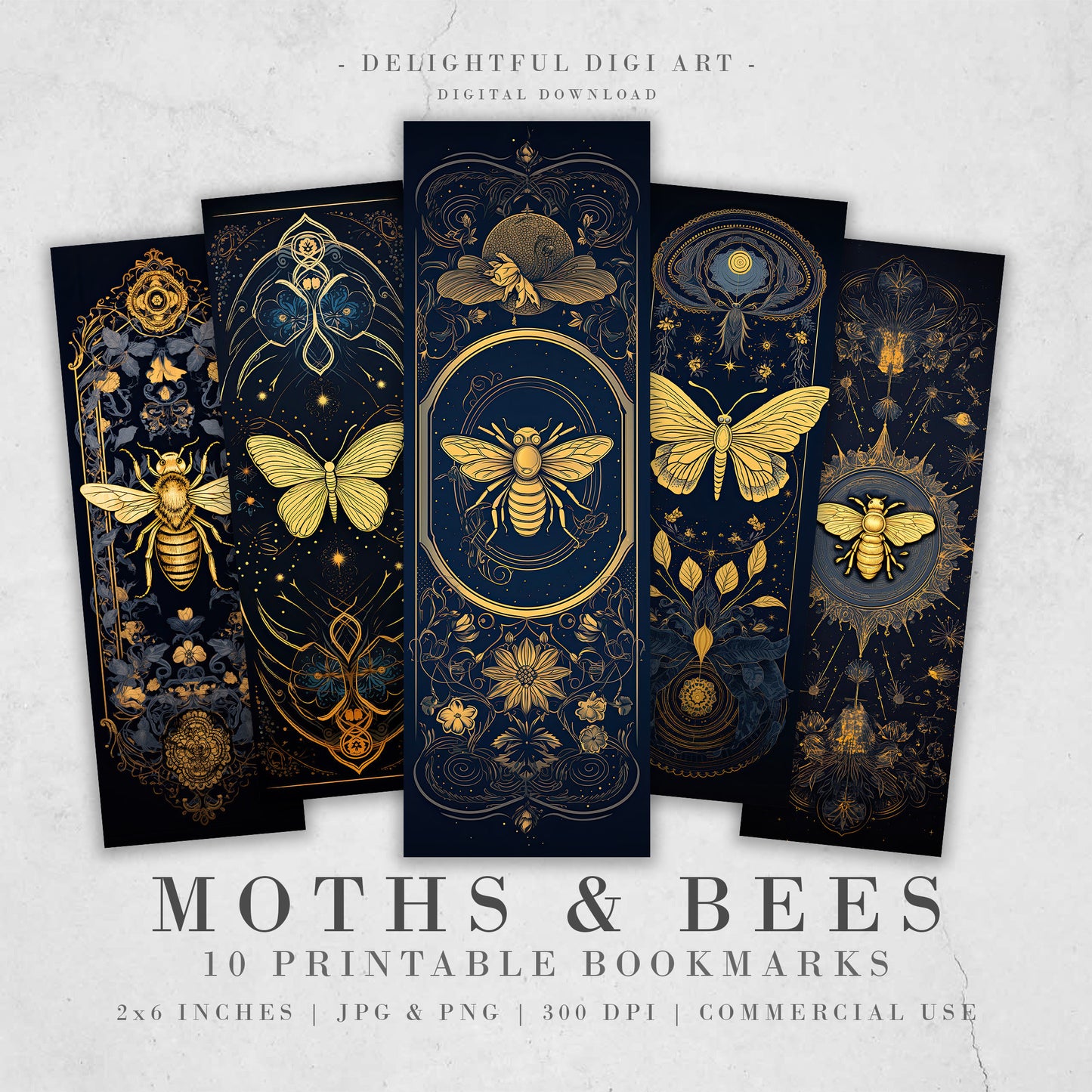 15 Gold Moth and Bees Printable Bookmarks | Digital Download JPG Bookmark Sheets | PNG bookmark sublimation | DIY Bookmarks for Women