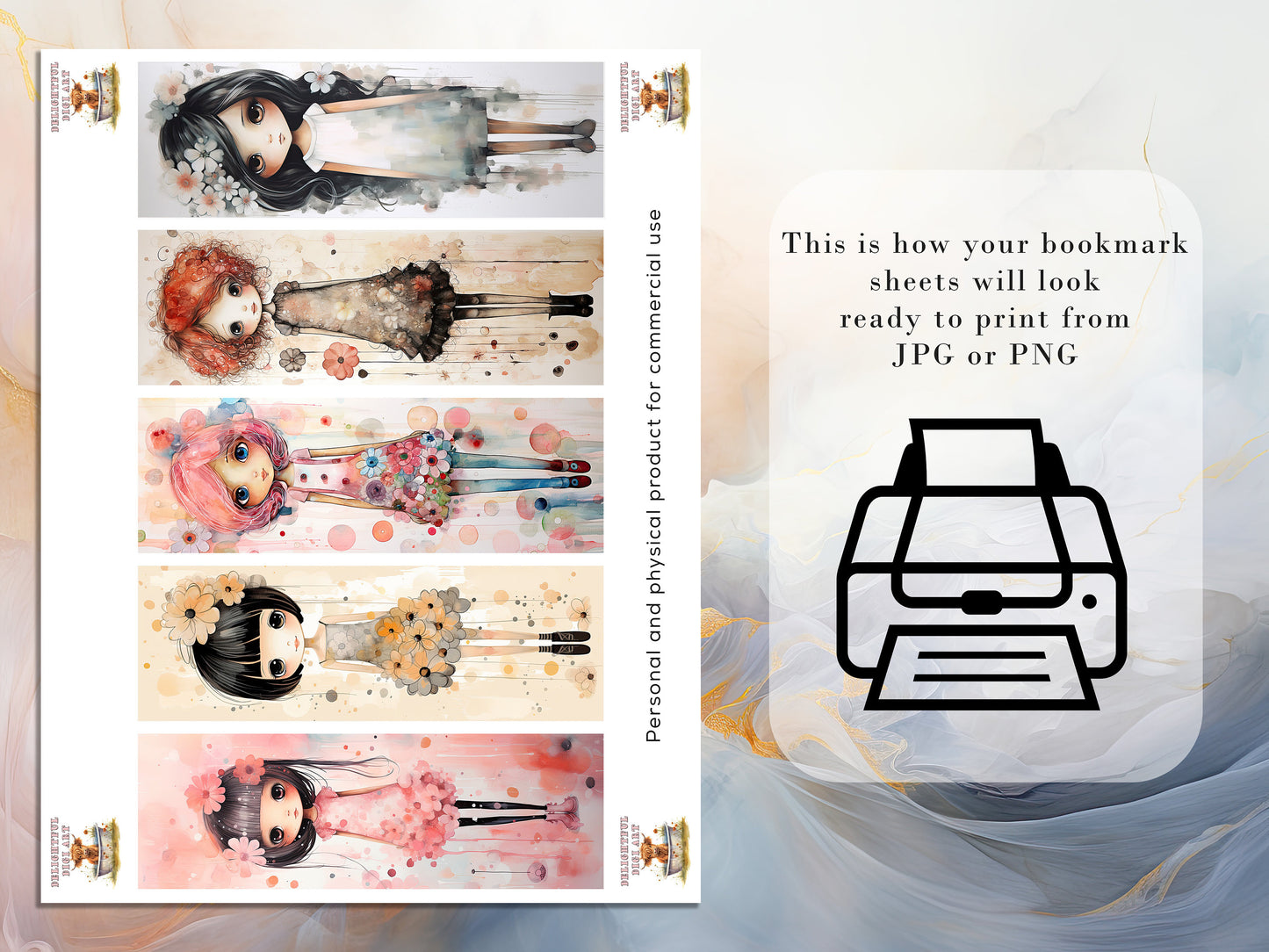 20 Flower Girls Watercolor Printable Bookmarks | Digital Download JPG Bookmark Set PNG Bundle| Big Eyes sublimation bookmark set| Chibi Girl