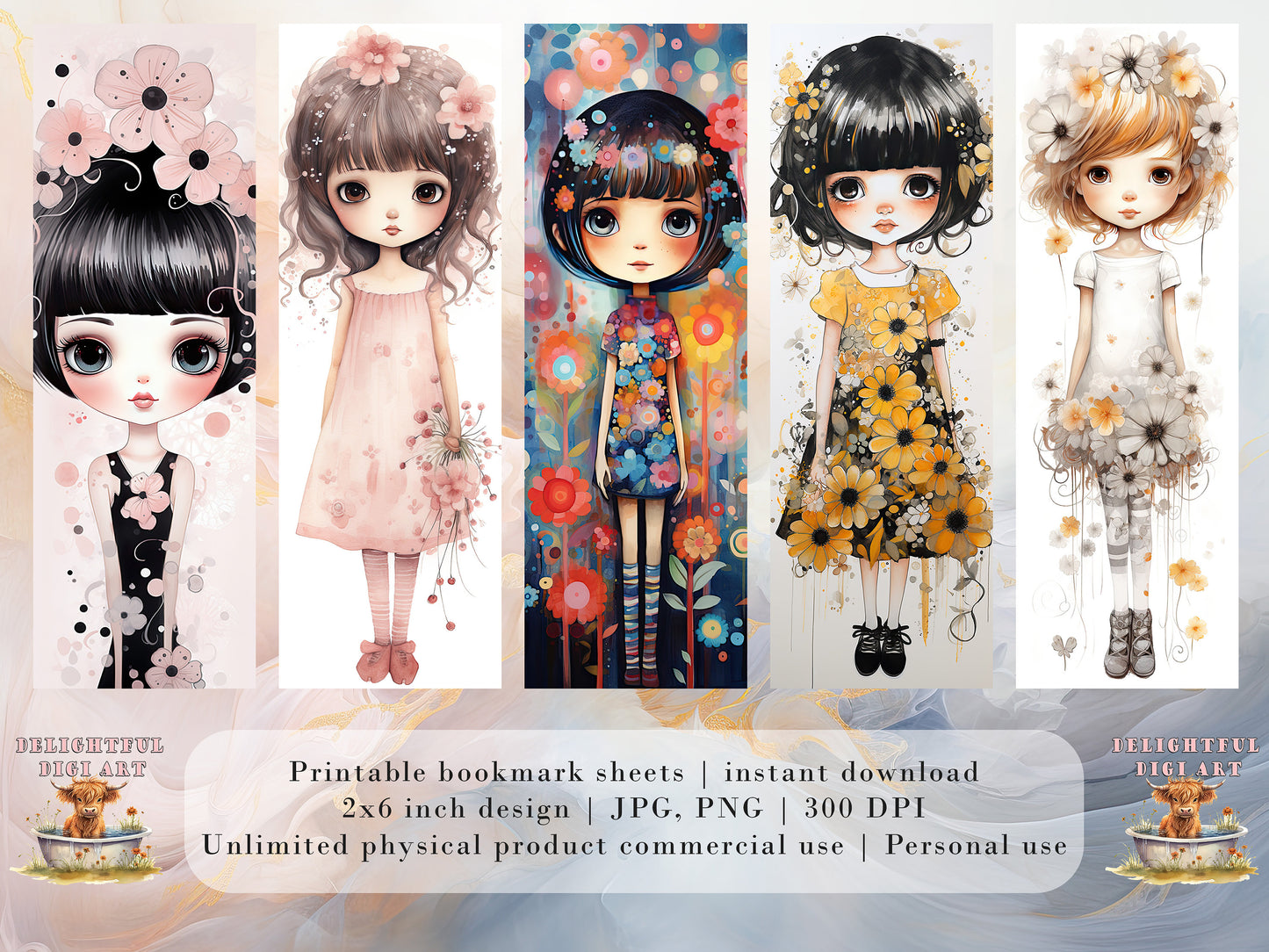 20 Flower Girls Watercolor Printable Bookmarks | Digital Download JPG Bookmark Set PNG Bundle| Big Eyes sublimation bookmark set| Chibi Girl