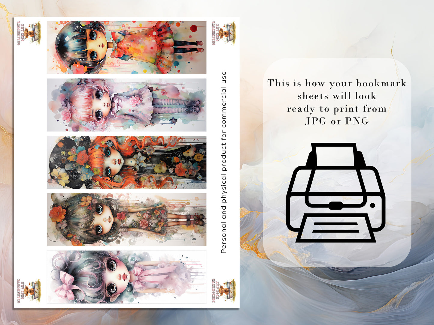 15 Chibi Girls Watercolor Printable Bookmarks | Digital Download JPG Bookmark Set PNG Bundle| Big Eyes sublimation bookmark set| Cute Girls