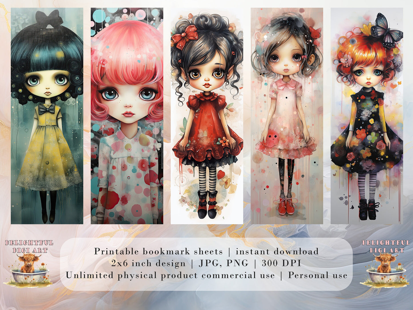 15 Chibi Girls Watercolor Printable Bookmarks | Digital Download JPG Bookmark Set PNG Bundle| Big Eyes sublimation bookmark set| Cute Girls