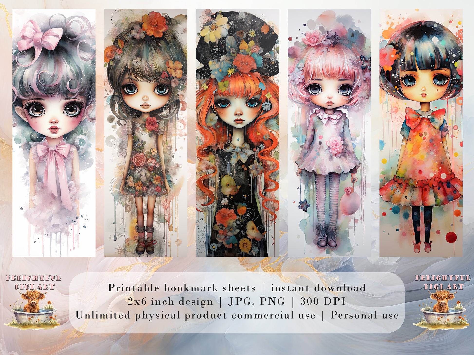 15 Chibi Girls Watercolor Printable Bookmarks | Digital Download JPG Bookmark Set PNG Bundle| Big Eyes sublimation bookmark set| Cute Girls