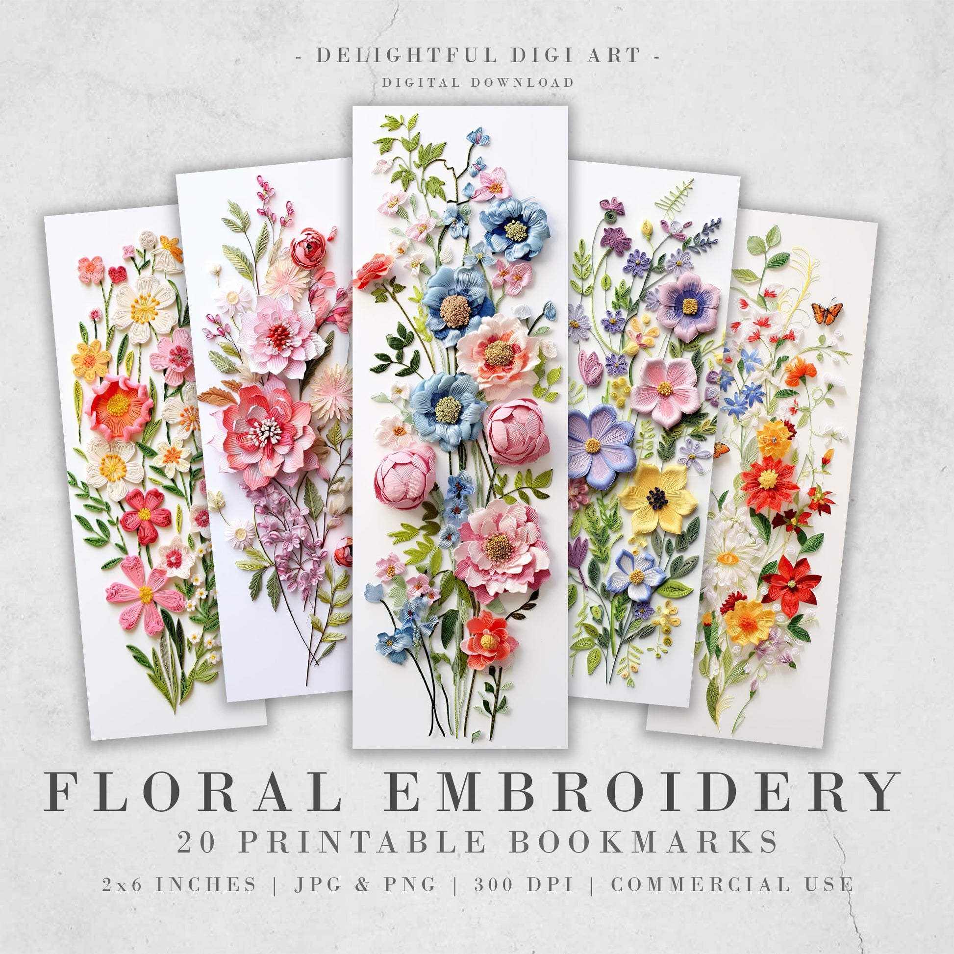 20 3D Floral Embroidery Printable Bookmarks | Digital Download JPG Bookmark Sheets | PNG bookmark sublimation | Flower bookmark set