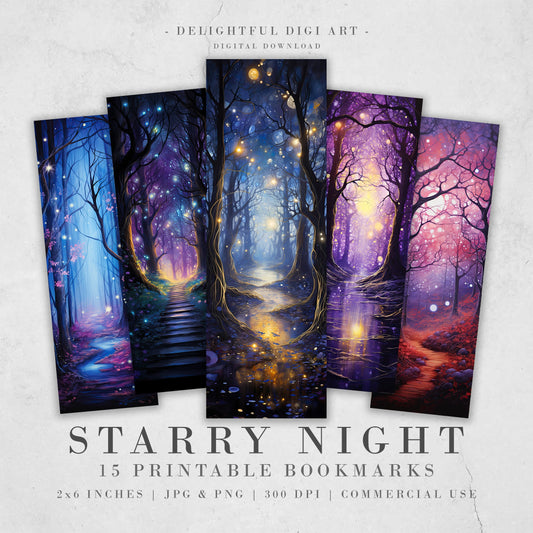 15 Fantasy Starry Night Printable Bookmarks | Digital Download JPG Bookmark Set | PNG Bundle| Surreal sublimation bookmark set | Print & Cut