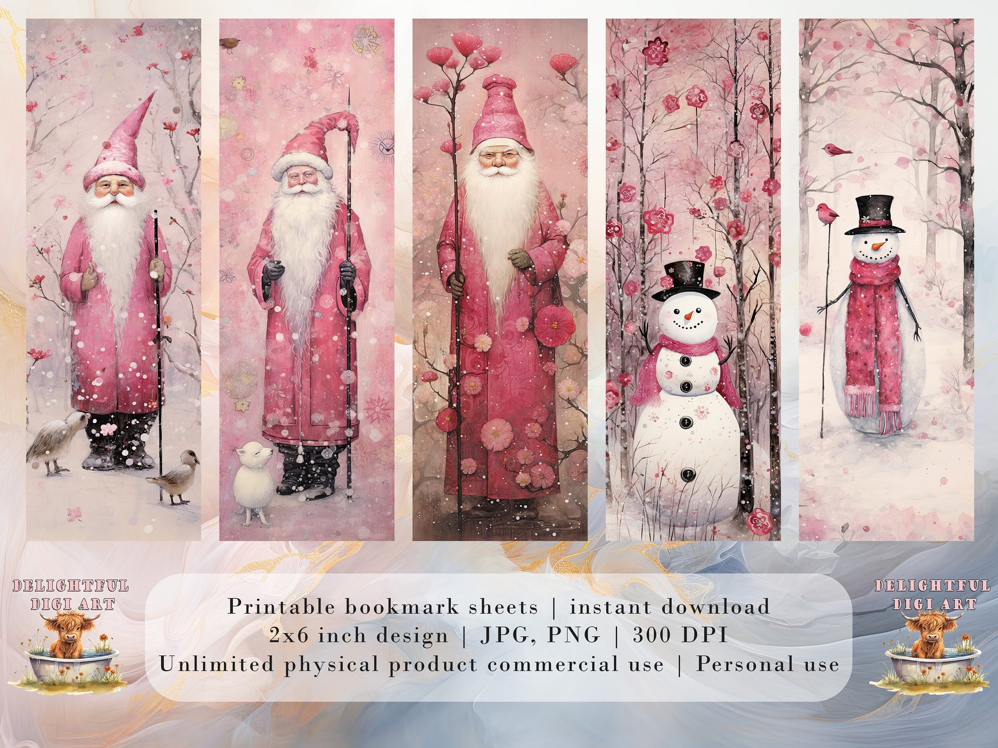 30 Cute Christmas Printable Bookmarks | Pink Whimsy Digital Download JPG Bookmark Set| PNG bookmark sublimation Whimsical X-Mas bookmark set
