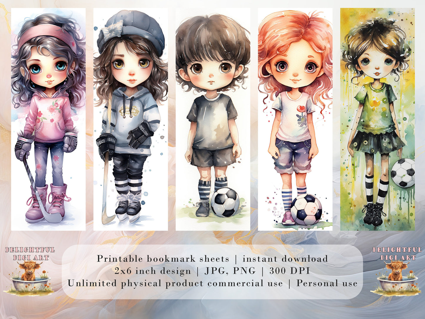 20 Sports Girls Printable Bookmarks | Digital Download JPG Bookmark Set Watercolor PNG Bundle| Big Eyes sublimation bookmark set| Chibi Girl