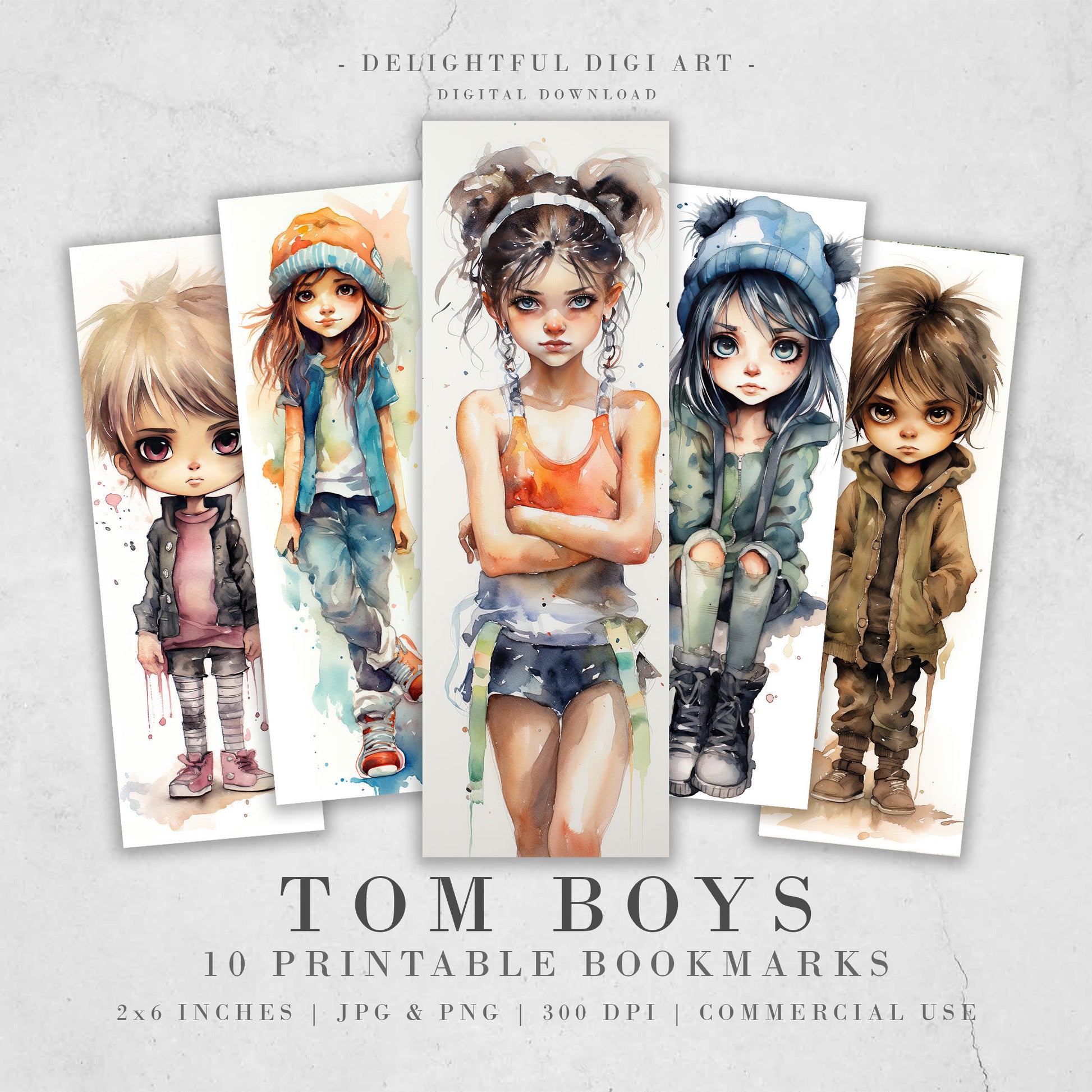 10 Tom Boy Printable Bookmarks| Digital Download JPG Chibi Bookmark Set Watercolor PNG Bundle| Big Eyes sublimation bookmark set| Tough Girl