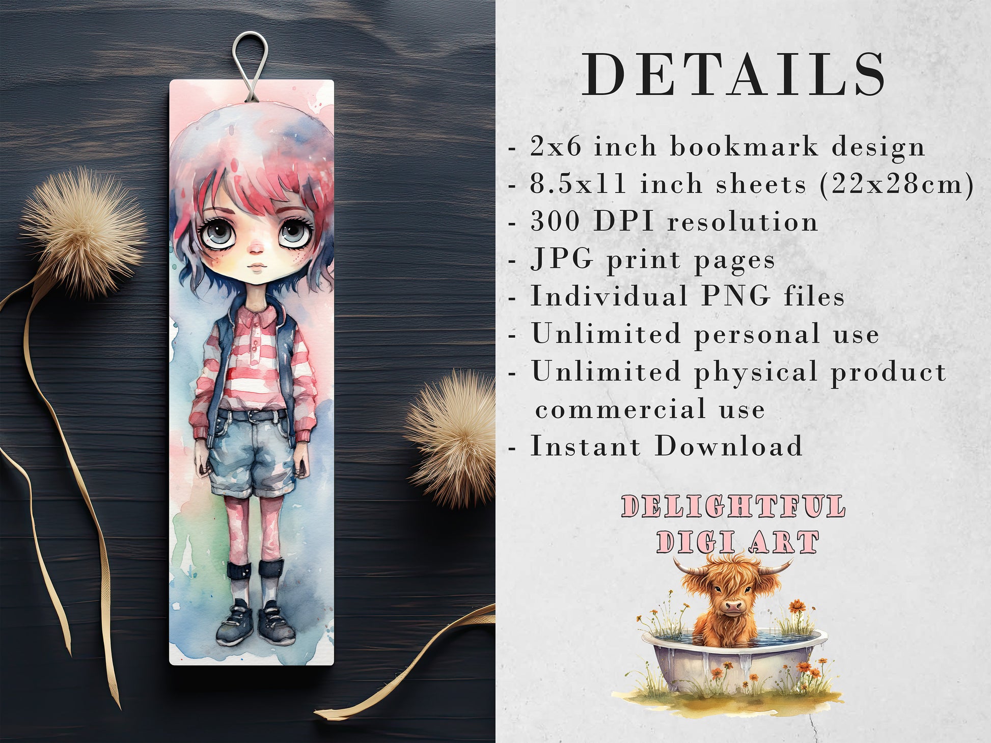 10 Tom Boy Printable Bookmarks| Digital Download JPG Chibi Bookmark Set Watercolor PNG Bundle| Big Eyes sublimation bookmark set| Tough Girl