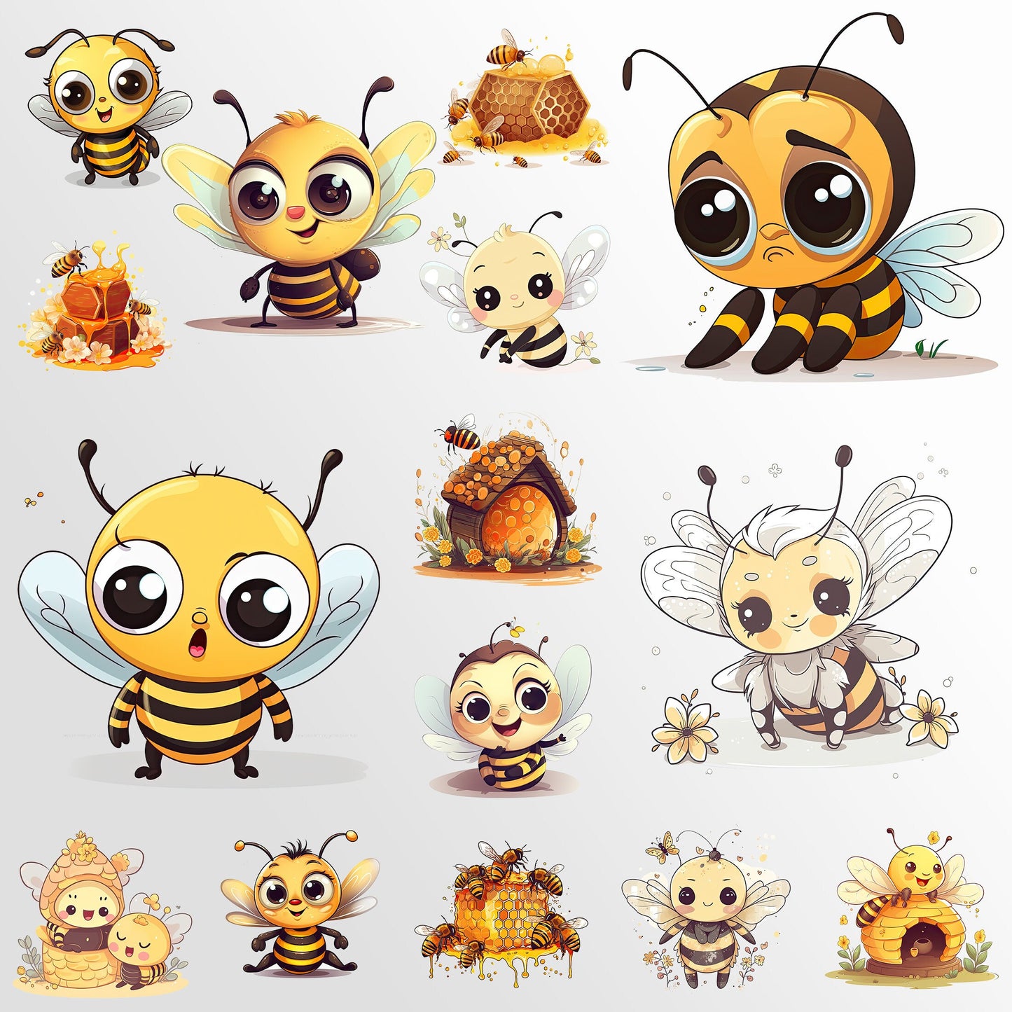 Cute Bee Clip Art, Bee PNG Bundle, Honey Bee Art, Busy Bees ClipArt, Commercial Use, T-shirt sublimation, Birthday Invitations, Kawaii