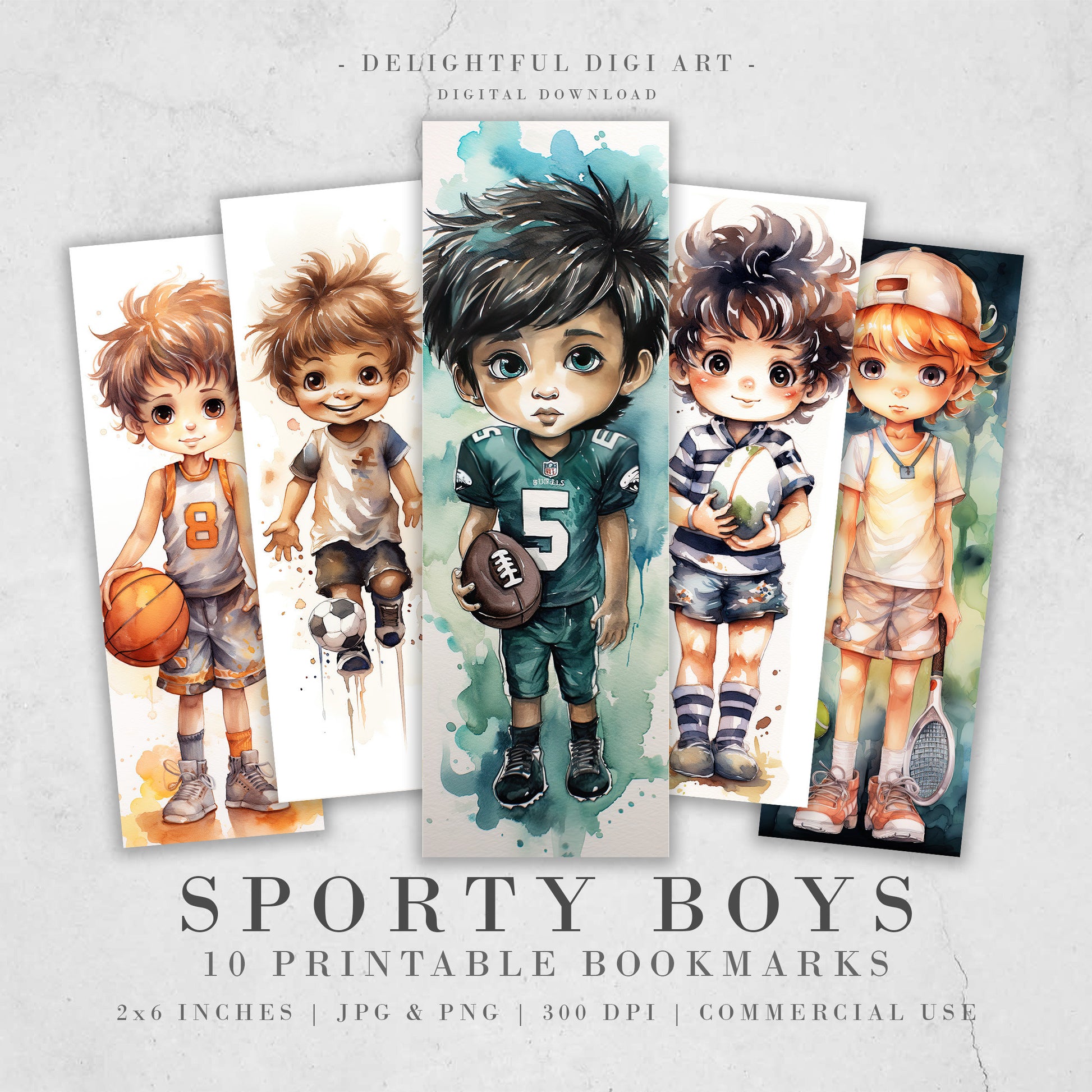 10 Sports Boys Printable Bookmarks | Digital Download JPG Bookmark Set Watercolor PNG Bundle| Big Eyes sublimation bookmark set| Chibi Boy