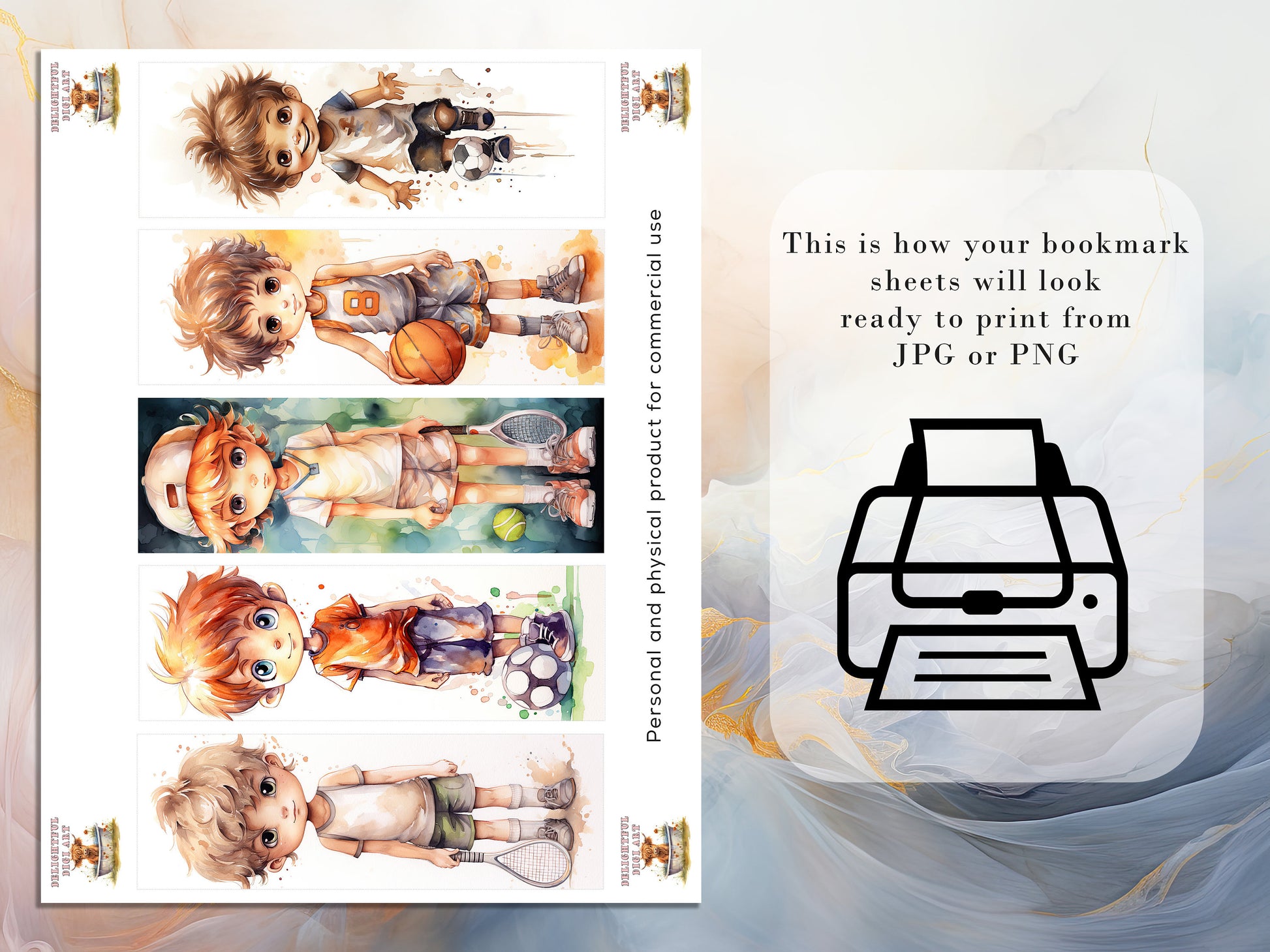 10 Sports Boys Printable Bookmarks | Digital Download JPG Bookmark Set Watercolor PNG Bundle| Big Eyes sublimation bookmark set| Chibi Boy