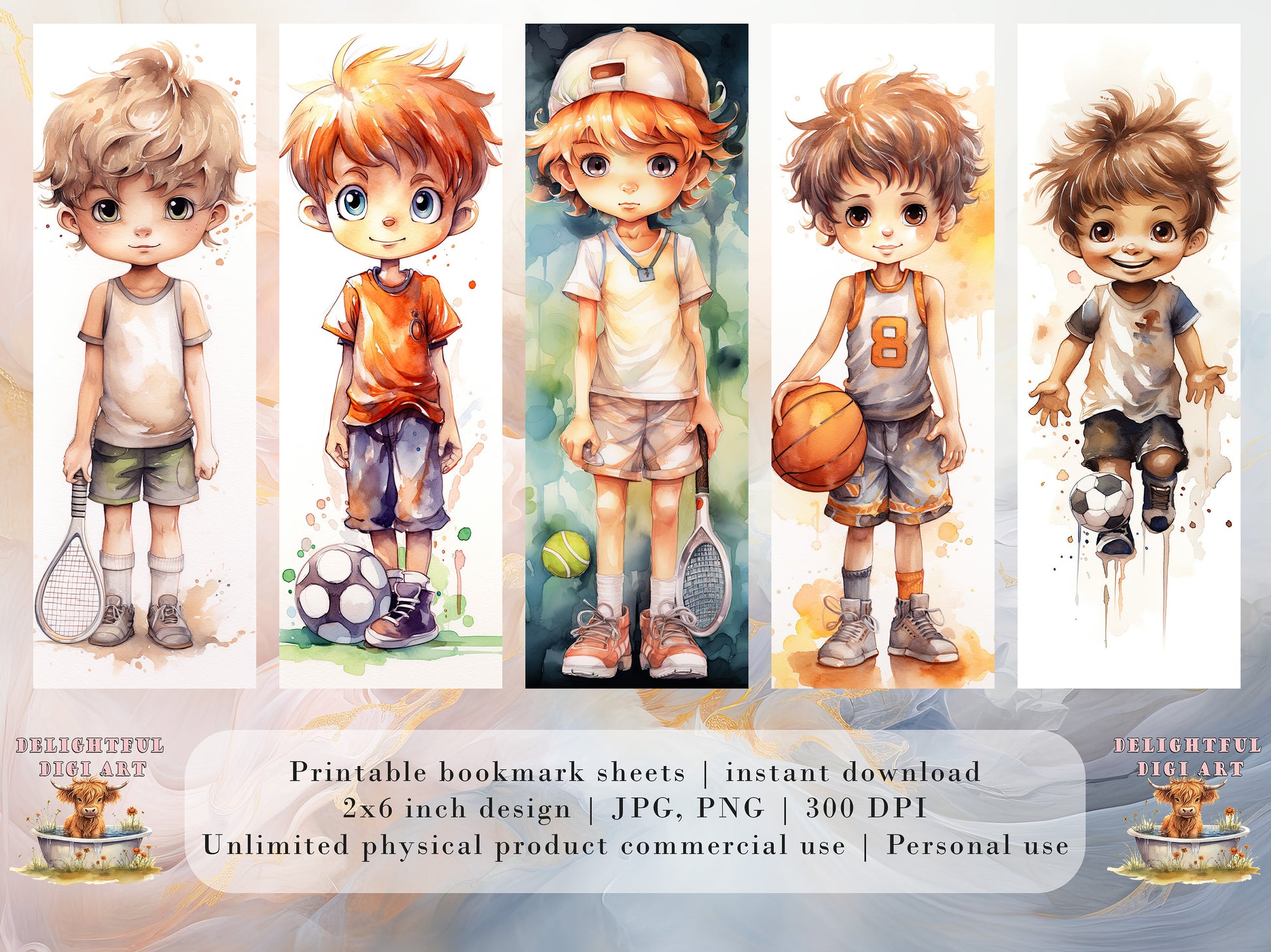 10 Sports Boys Printable Bookmarks | Digital Download JPG Bookmark Set Watercolor PNG Bundle| Big Eyes sublimation bookmark set| Chibi Boy