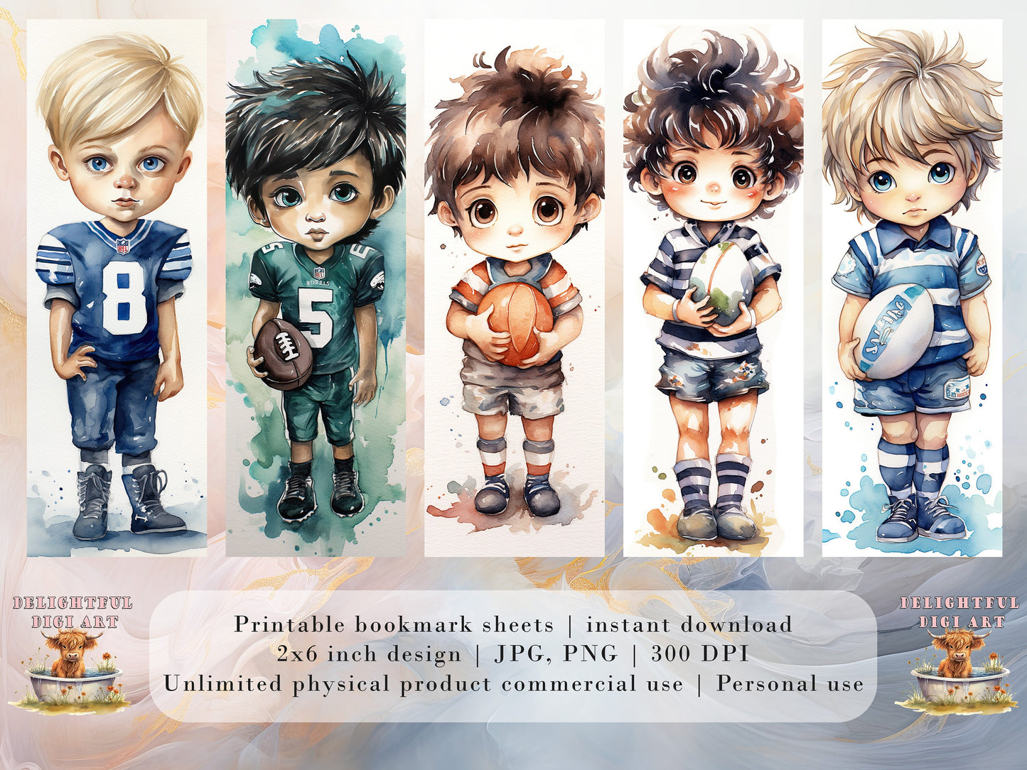 10 Sports Boys Printable Bookmarks | Digital Download JPG Bookmark Set Watercolor PNG Bundle| Big Eyes sublimation bookmark set| Chibi Boy