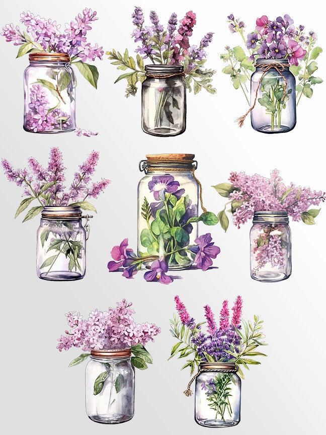 Lilac Floral Jars Clipart: Purple flowers in vases PNG Bundle | Watercolor Floral Bouquets | Elements Commercial Use | Digital Crafting