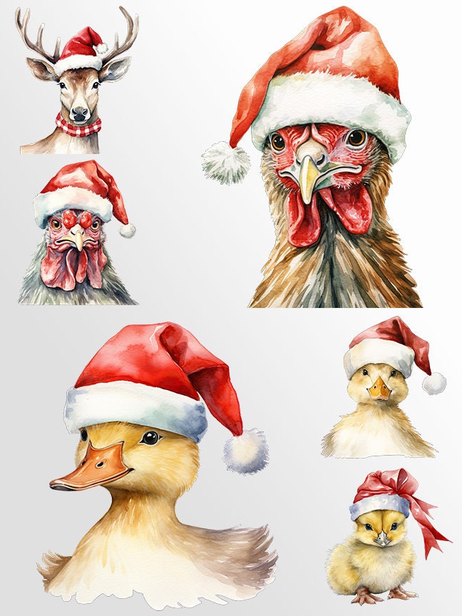 Watercolor Christmas Farm Animals Clipart: Animal Art for Christmas Crafts and Decor | PNG Bundle | Cow Duck Pig Chicken Dog Goat Duck Deer