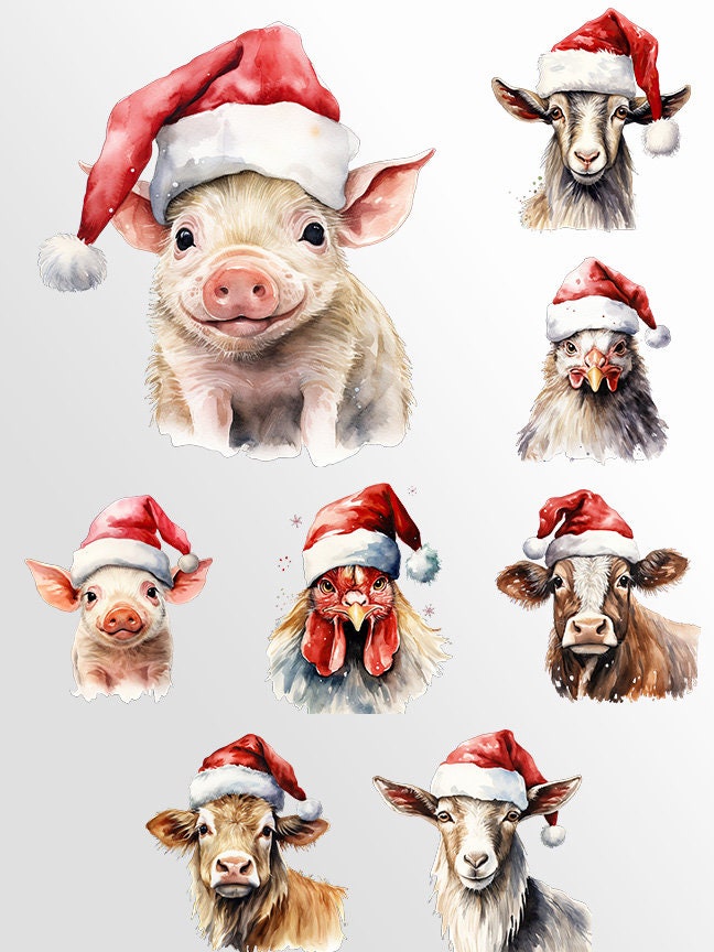 Watercolor Christmas Farm Animals Clipart: Animal Art for Christmas Crafts and Decor | PNG Bundle | Cow Duck Pig Chicken Dog Goat Duck Deer