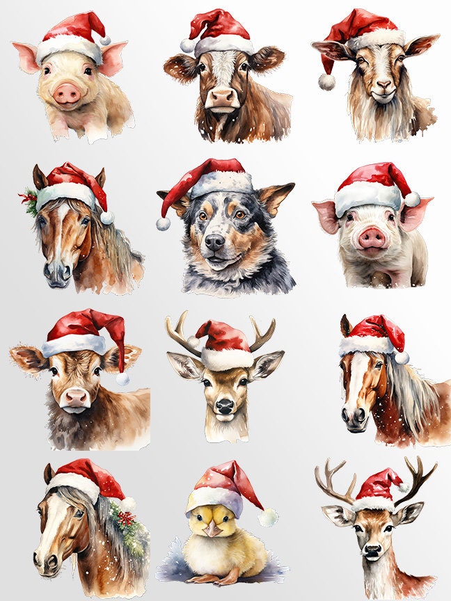 Watercolor Christmas Farm Animals Clipart: Animal Art for Christmas Crafts and Decor | PNG Bundle | Cow Duck Pig Chicken Dog Goat Duck Deer