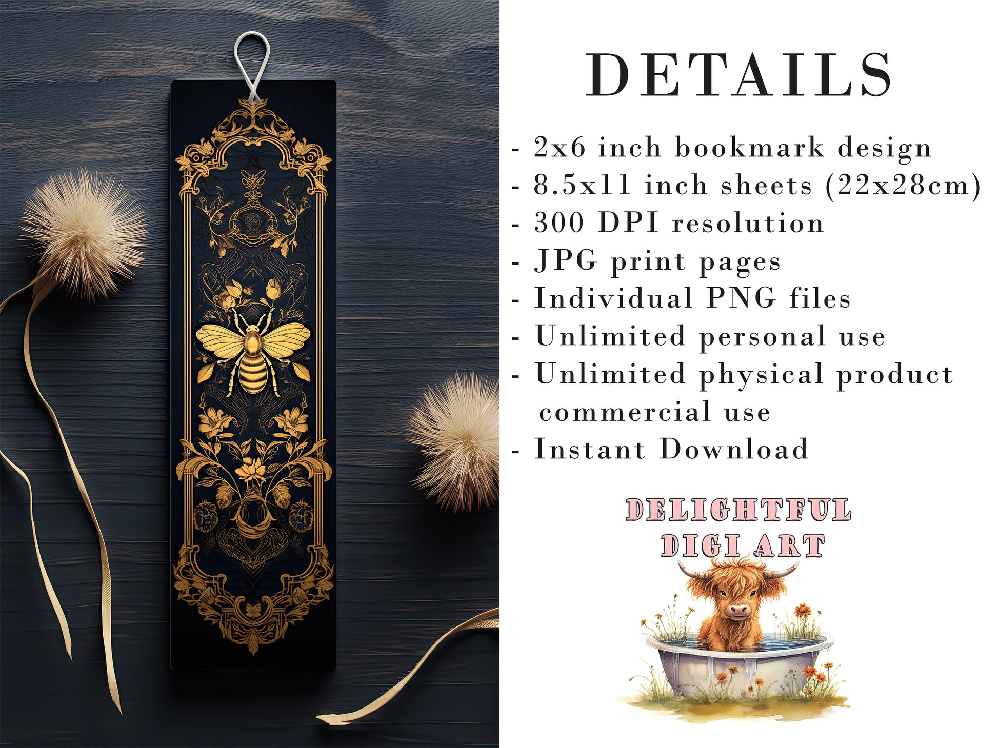 15 Gold Moth and Bees Printable Bookmarks | Digital Download JPG Bookmark Sheets | PNG bookmark sublimation | DIY Bookmarks for Women