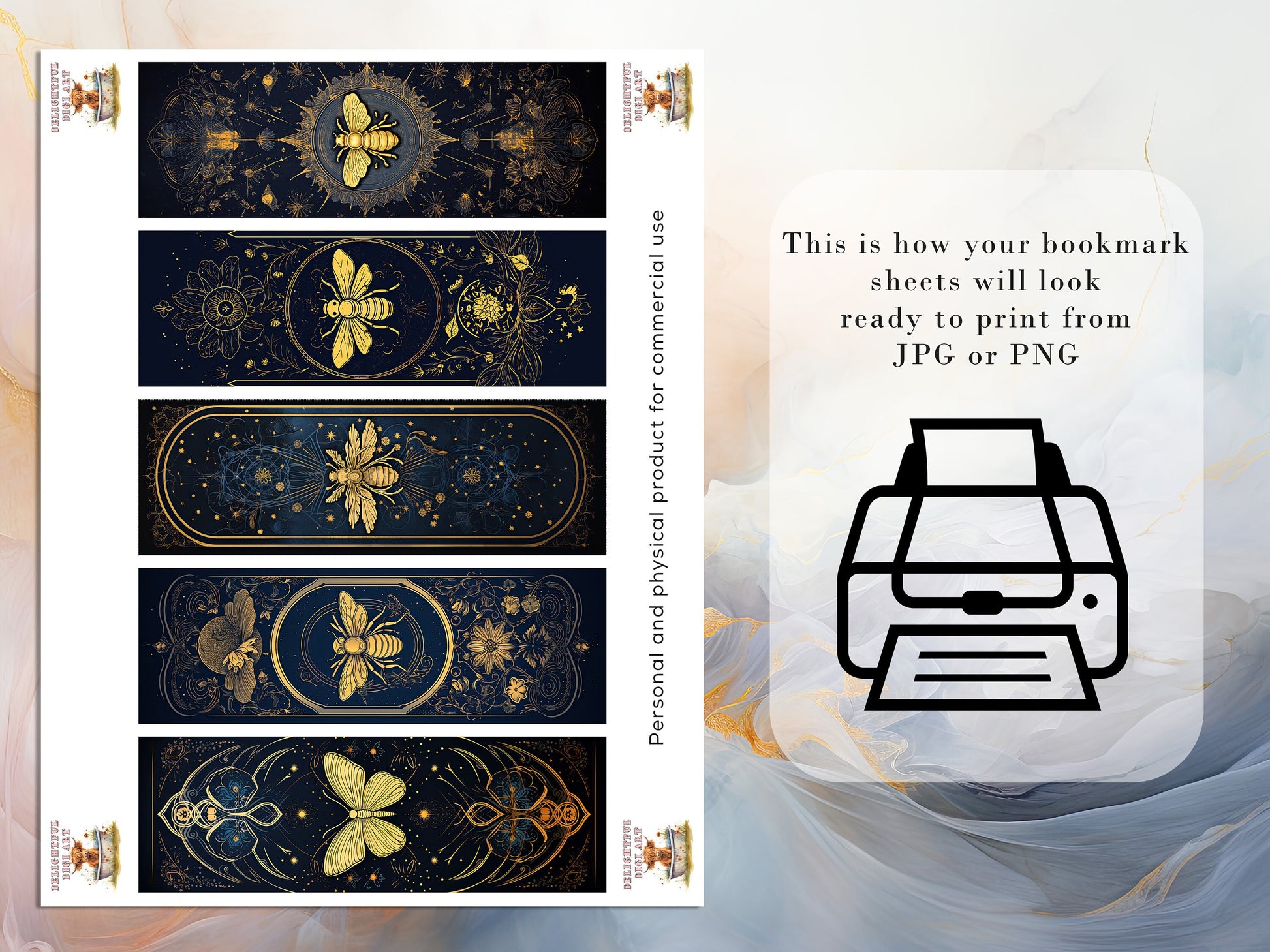 15 Gold Moth and Bees Printable Bookmarks | Digital Download JPG Bookmark Sheets | PNG bookmark sublimation | DIY Bookmarks for Women