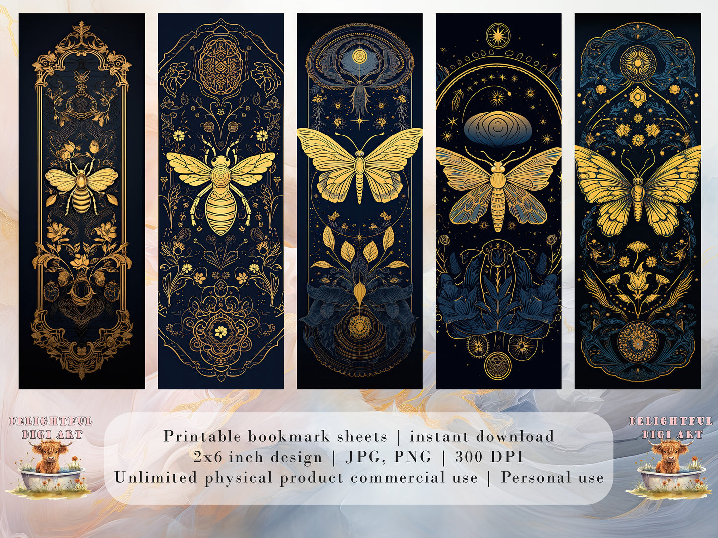 15 Gold Moth and Bees Printable Bookmarks | Digital Download JPG Bookmark Sheets | PNG bookmark sublimation | DIY Bookmarks for Women
