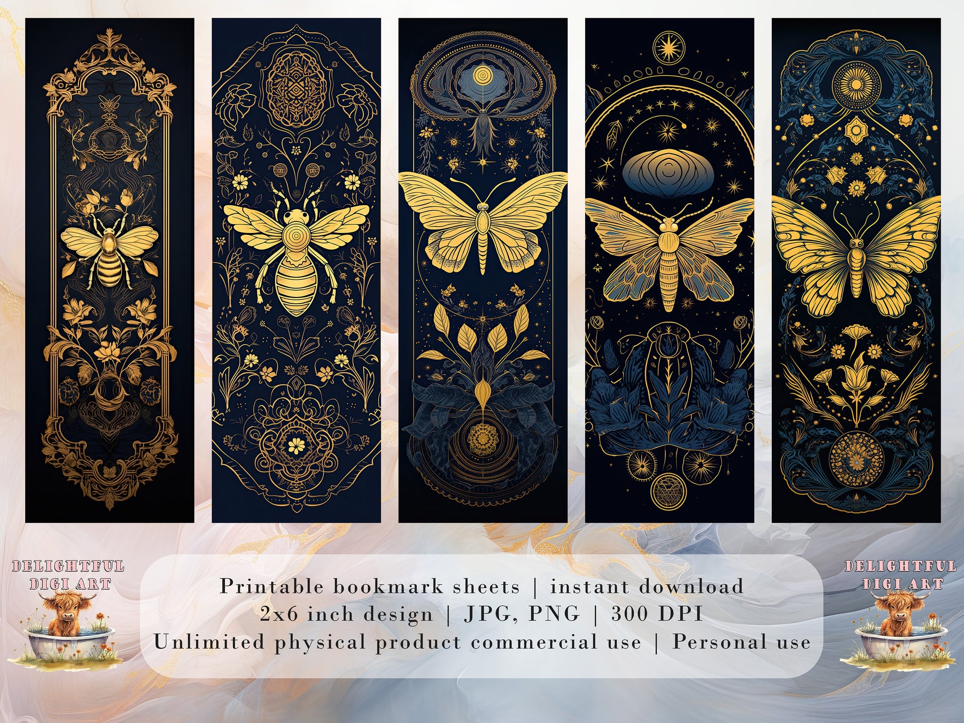 15 Gold Moth and Bees Printable Bookmarks | Digital Download JPG Bookmark Sheets | PNG bookmark sublimation | DIY Bookmarks for Women