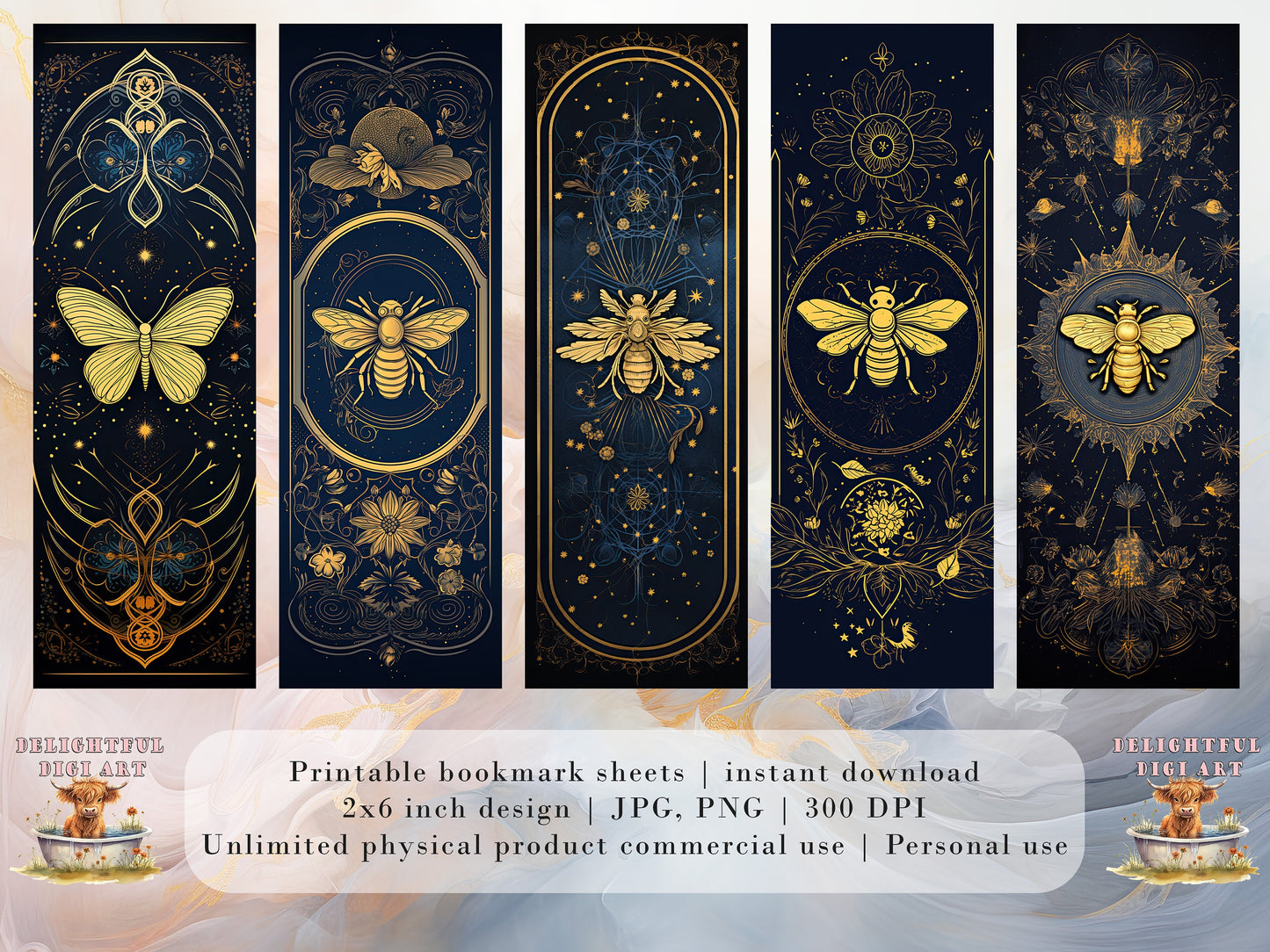 15 Gold Moth and Bees Printable Bookmarks | Digital Download JPG Bookmark Sheets | PNG bookmark sublimation | DIY Bookmarks for Women