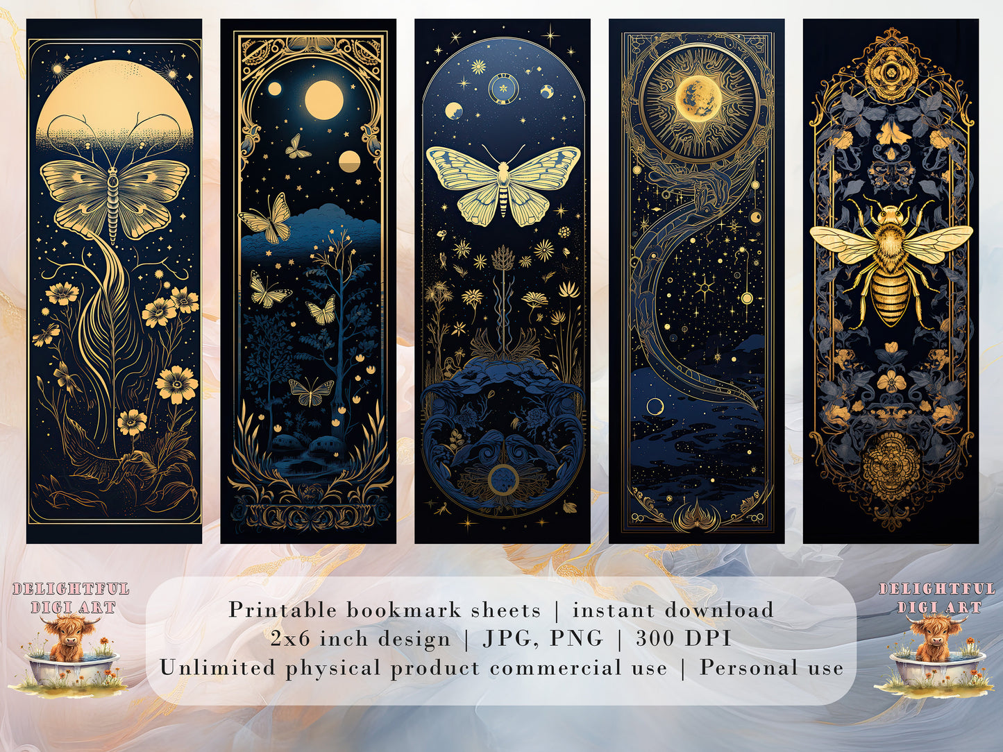 15 Gold Moth and Bees Printable Bookmarks | Digital Download JPG Bookmark Sheets | PNG bookmark sublimation | DIY Bookmarks for Women
