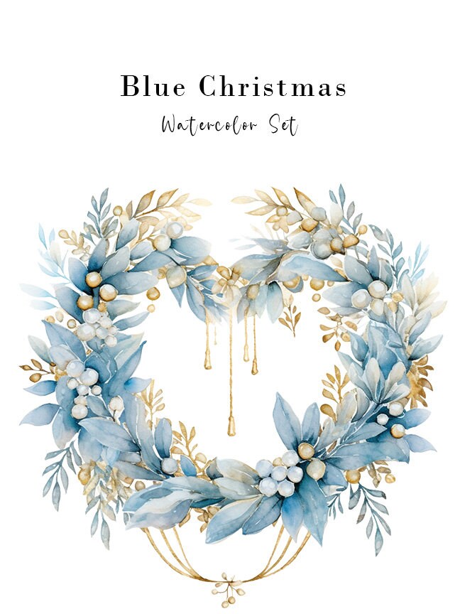 Blue Watercolor Christmas Clipart Bundle, Cozy Christmas Clipart, Boho Christmas PNG, Ornaments Clipart, Christmas Wreath, Xmas Bells