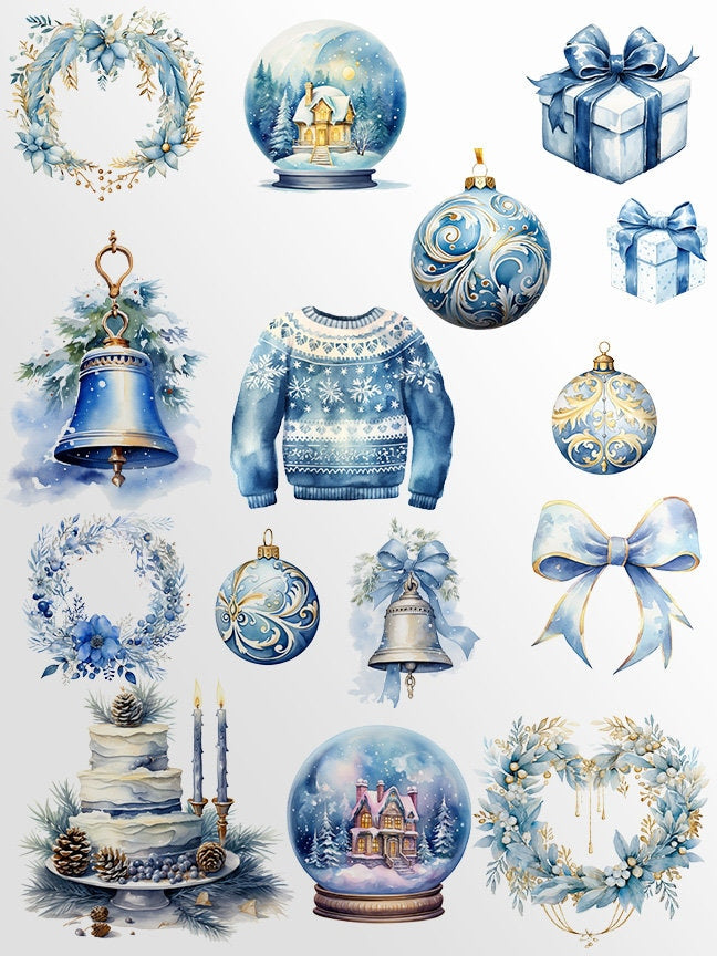 Blue Watercolor Christmas Clipart Bundle, Cozy Christmas Clipart, Boho Christmas PNG, Ornaments Clipart, Christmas Wreath, Xmas Bells