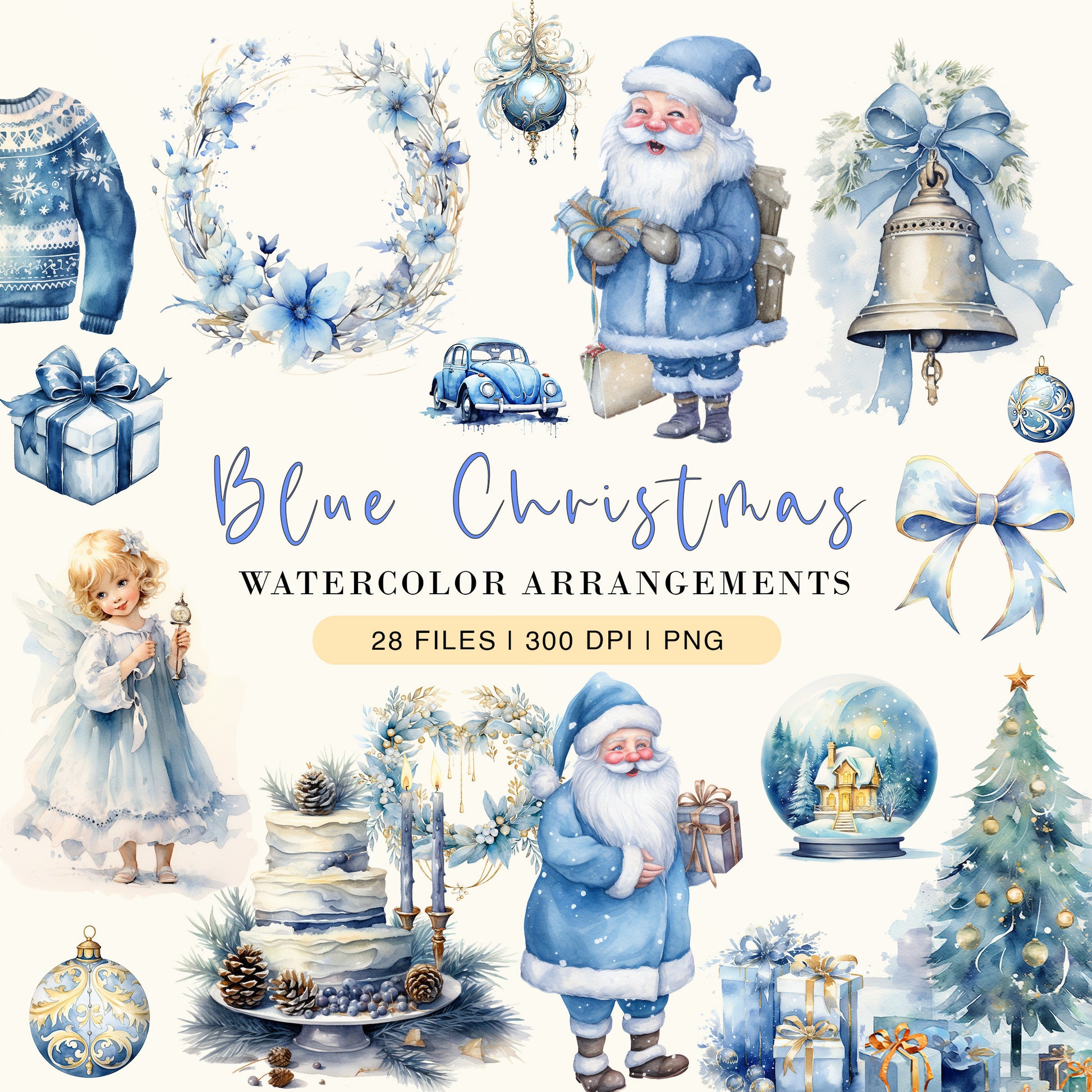 Blue Watercolor Christmas Clipart Bundle, Cozy Christmas Clipart, Boho Christmas PNG, Ornaments Clipart, Christmas Wreath, Xmas Bells
