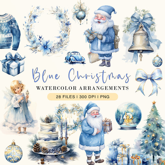 Blue Watercolor Christmas Clipart Bundle, Cozy Christmas Clipart, Boho Christmas PNG, Ornaments Clipart, Christmas Wreath, Xmas Bells