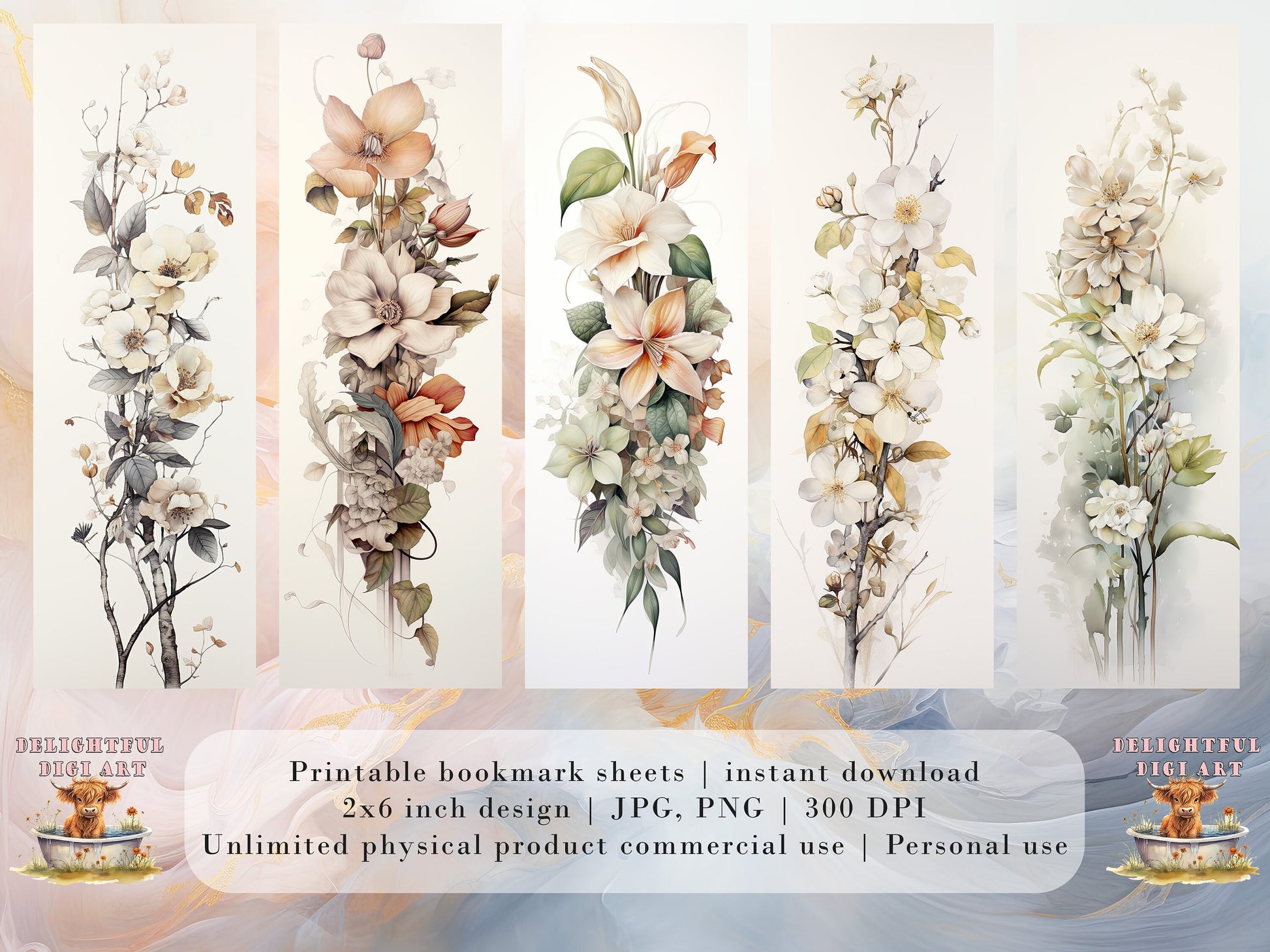 20 Botanical Watercolor Printable Bookmarks | Digital Download JPG Bookmark Set | PNG bookmark | Neutral floral sublimation bookmark set