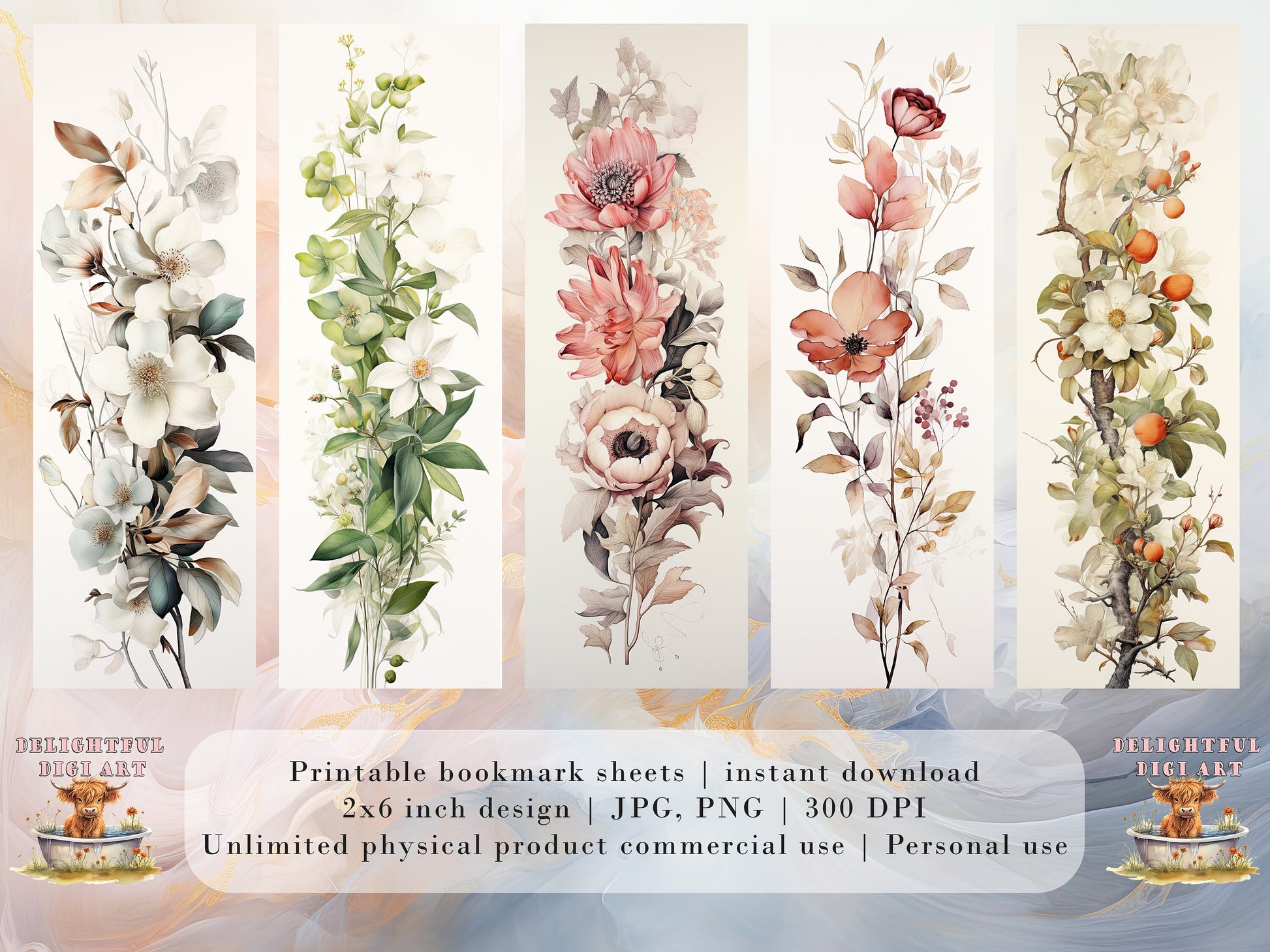 20 Botanical Watercolor Printable Bookmarks | Digital Download JPG Bookmark Set | PNG bookmark | Neutral floral sublimation bookmark set