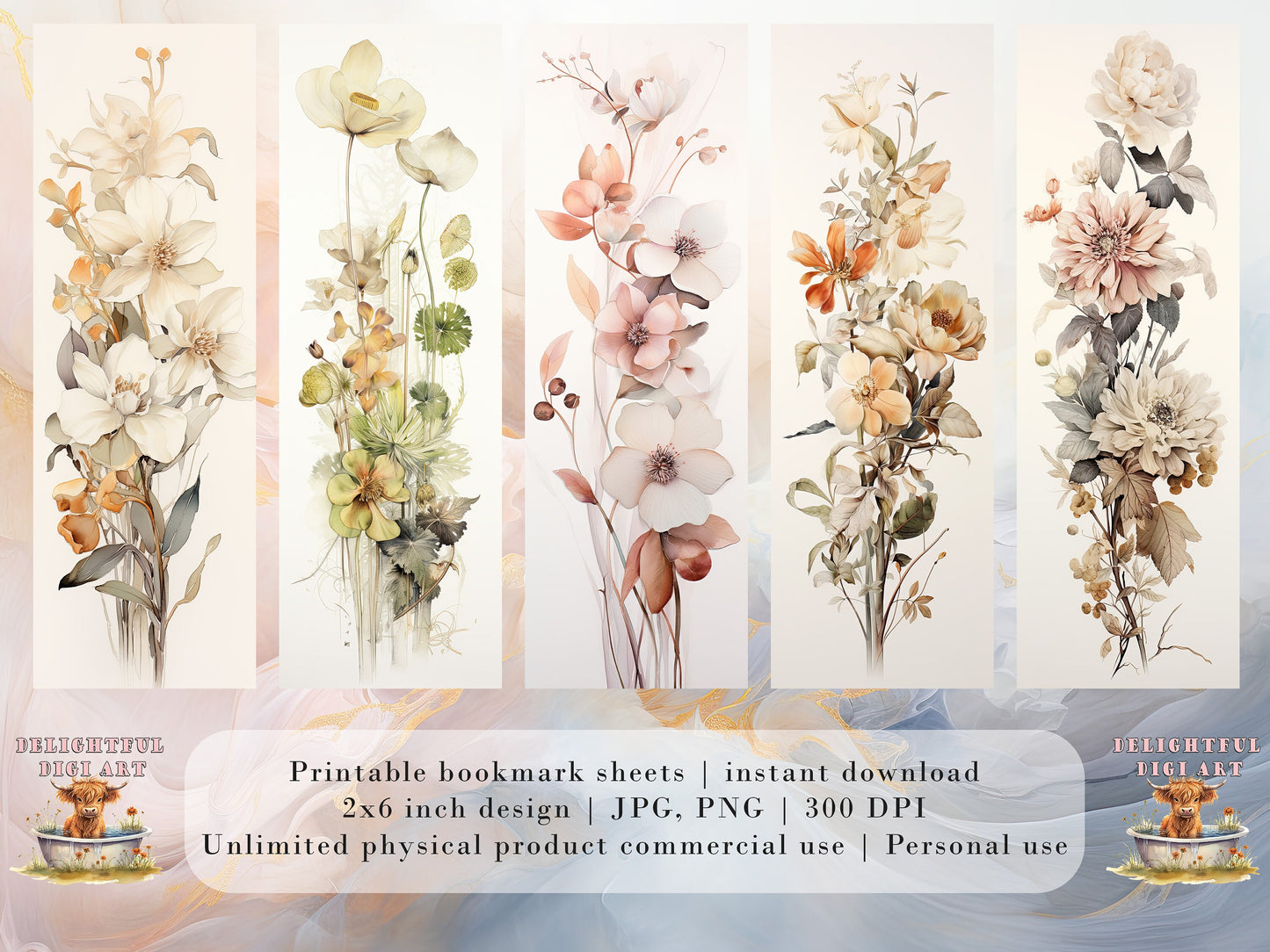 20 Botanical Watercolor Printable Bookmarks | Digital Download JPG Bookmark Set | PNG bookmark | Neutral floral sublimation bookmark set