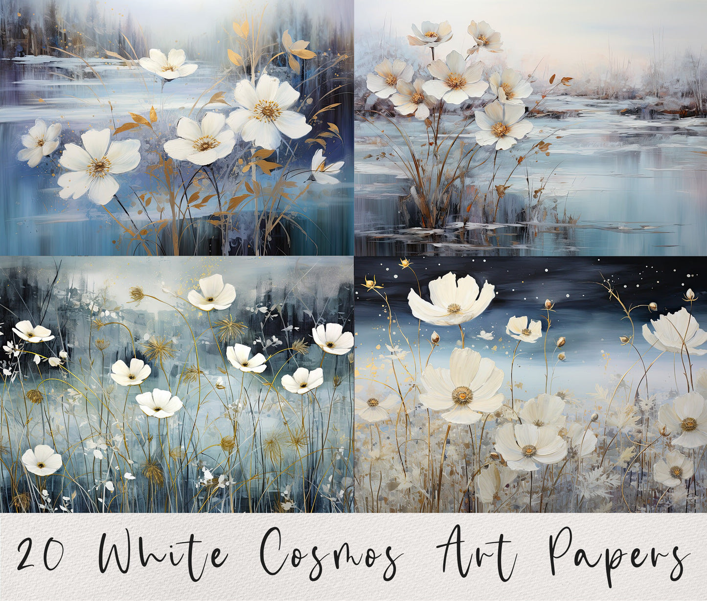 20 White Cosmos Printable Art Pages| Digital Download JPG Paper Set| PNG sublimation| Floral Digital Paper | Oil Painting Crafting and Decor