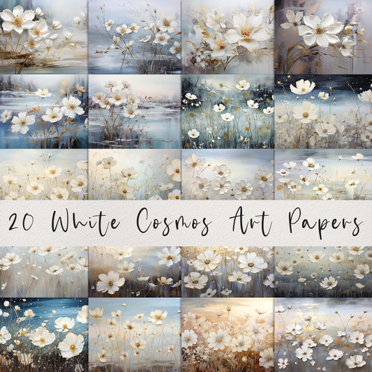 20 White Cosmos Printable Art Pages| Digital Download JPG Paper Set| PNG sublimation| Floral Digital Paper | Oil Painting Crafting and Decor