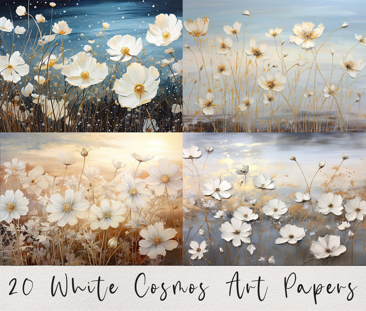 20 White Cosmos Printable Art Pages| Digital Download JPG Paper Set| PNG sublimation| Floral Digital Paper | Oil Painting Crafting and Decor