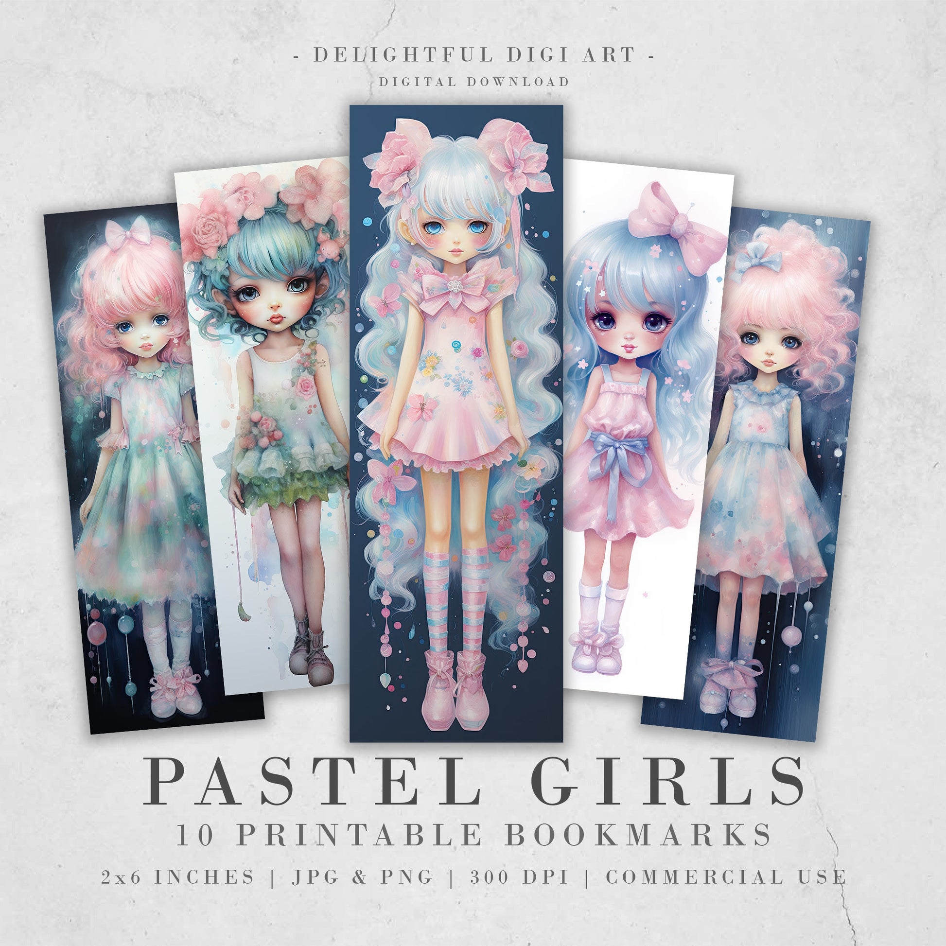 10 Pastel Girls Watercolor Printable Bookmarks | Digital Download JPG Bookmark Set | PNG bookmark | Big Eyes sublimation bookmark set