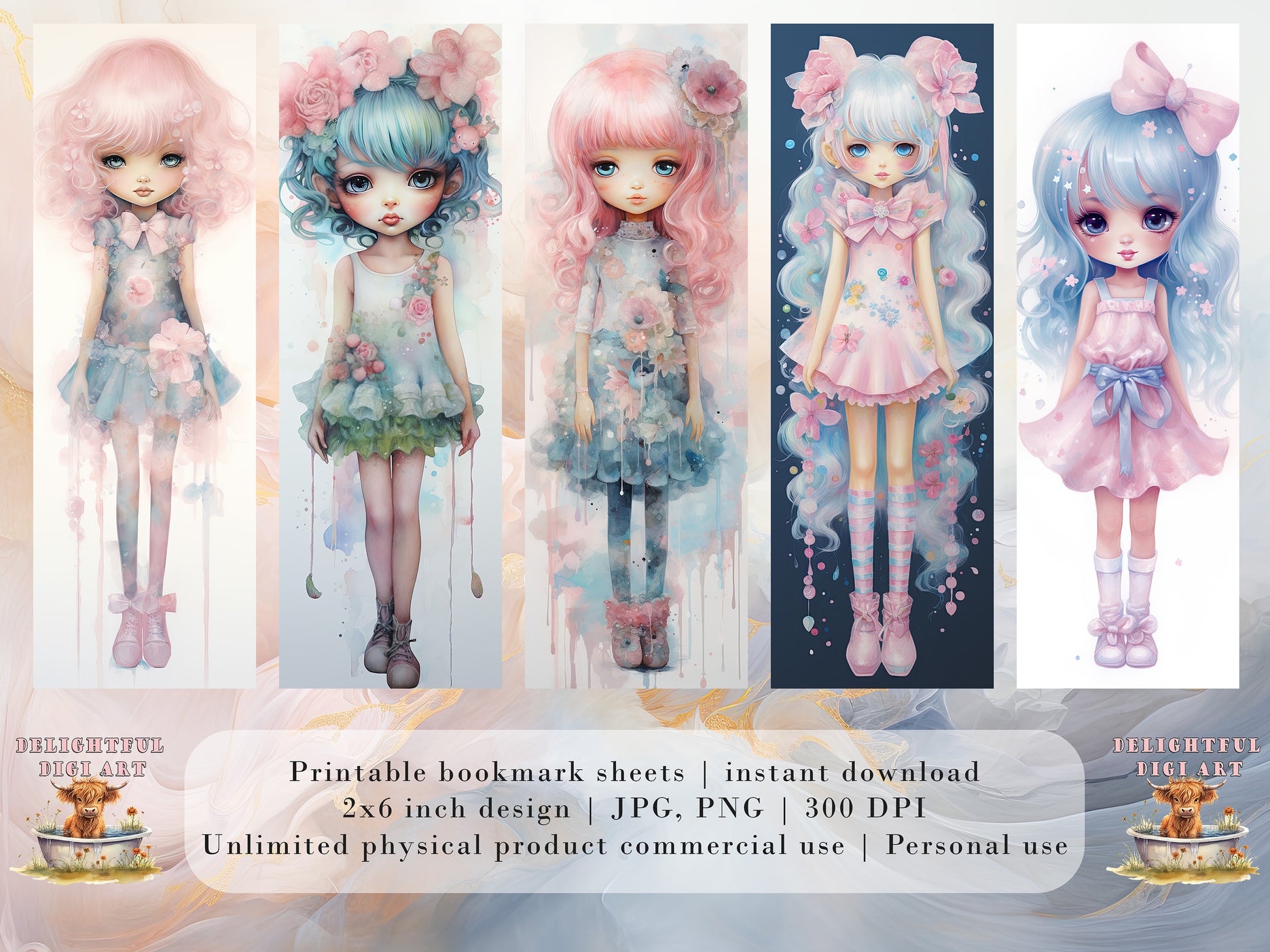 10 Pastel Girls Watercolor Printable Bookmarks | Digital Download JPG Bookmark Set | PNG bookmark | Big Eyes sublimation bookmark set
