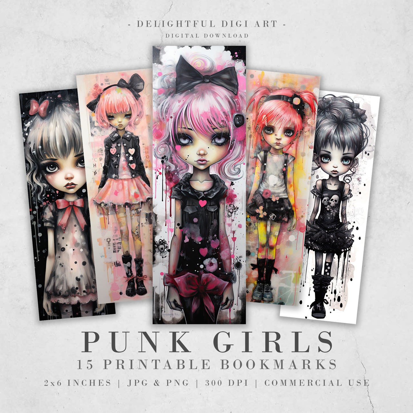 15 Punk Girls Watercolor Printable Bookmarks | Digital Download JPG Bookmark Set | PNG Bundle| Big Eyes sublimation bookmark set| Chibi Girl