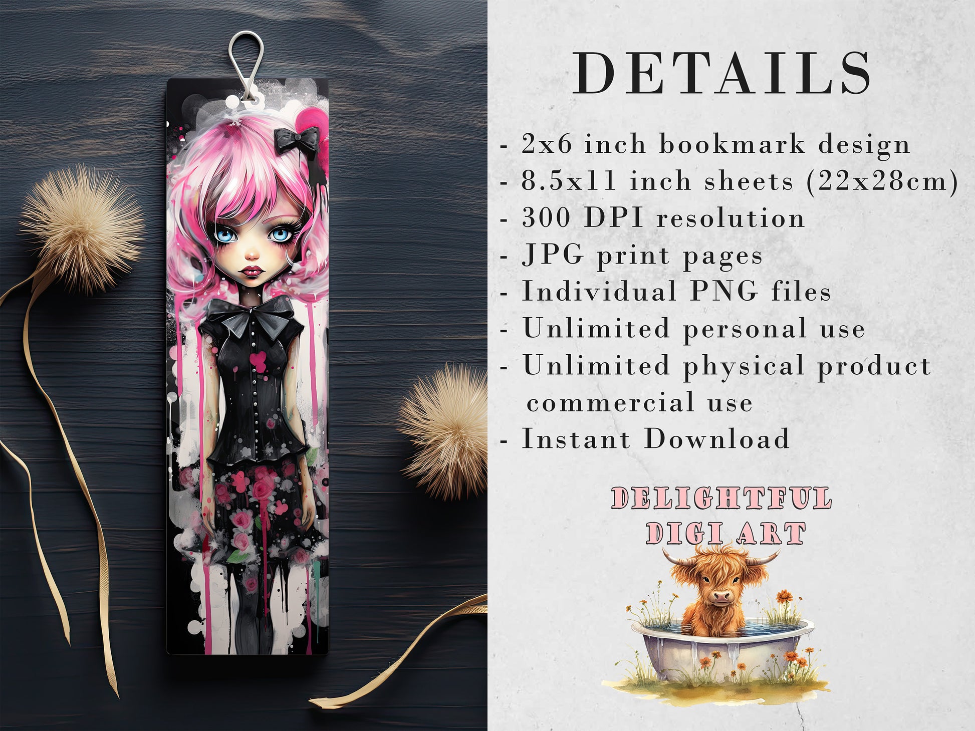 15 Punk Girls Watercolor Printable Bookmarks | Digital Download JPG Bookmark Set | PNG Bundle| Big Eyes sublimation bookmark set| Chibi Girl
