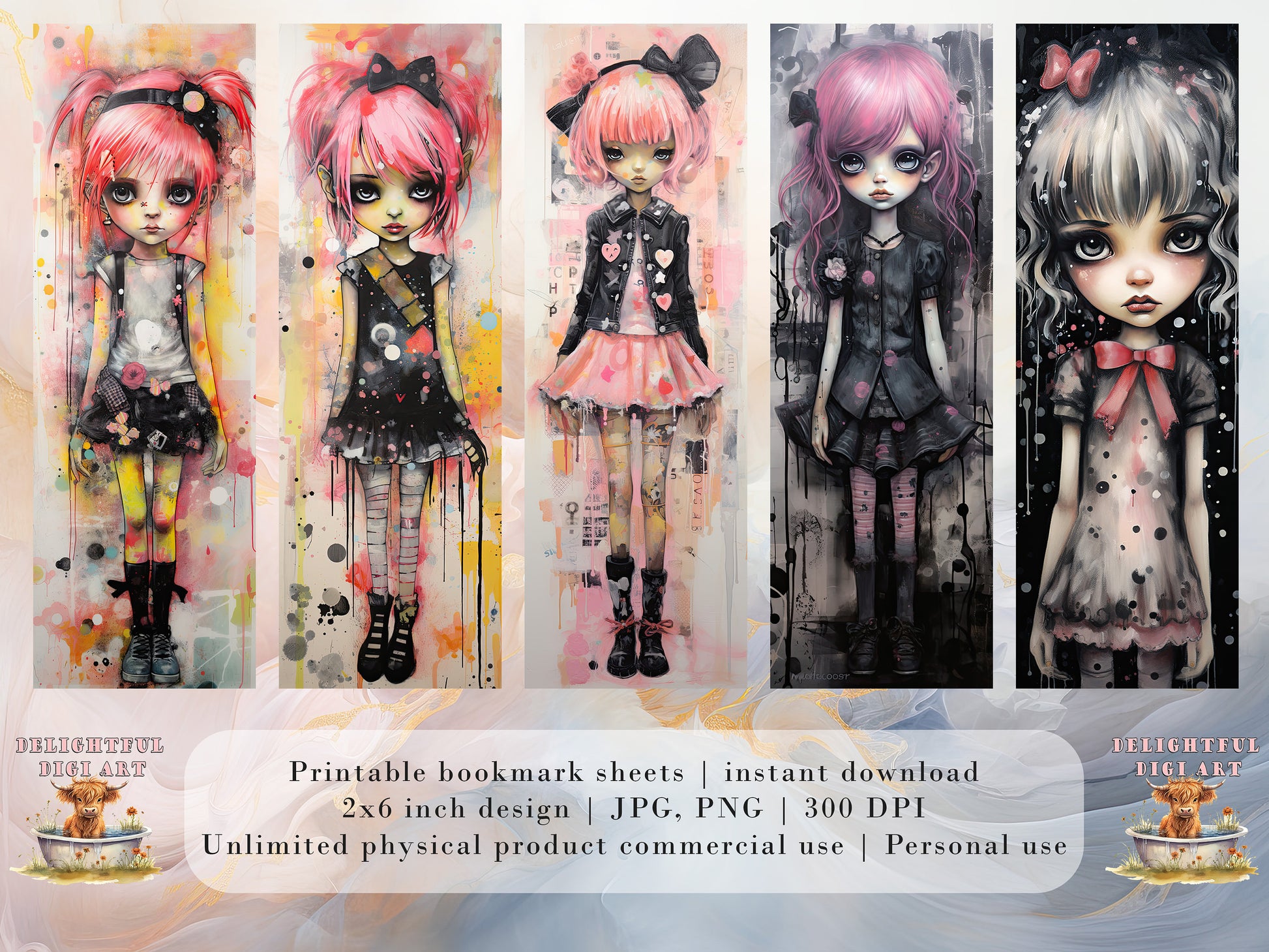 15 Punk Girls Watercolor Printable Bookmarks | Digital Download JPG Bookmark Set | PNG Bundle| Big Eyes sublimation bookmark set| Chibi Girl