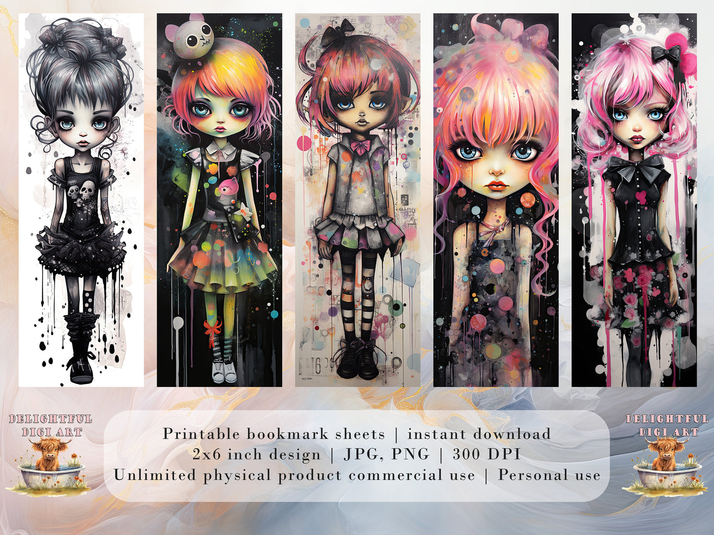 15 Punk Girls Watercolor Printable Bookmarks | Digital Download JPG Bookmark Set | PNG Bundle| Big Eyes sublimation bookmark set| Chibi Girl