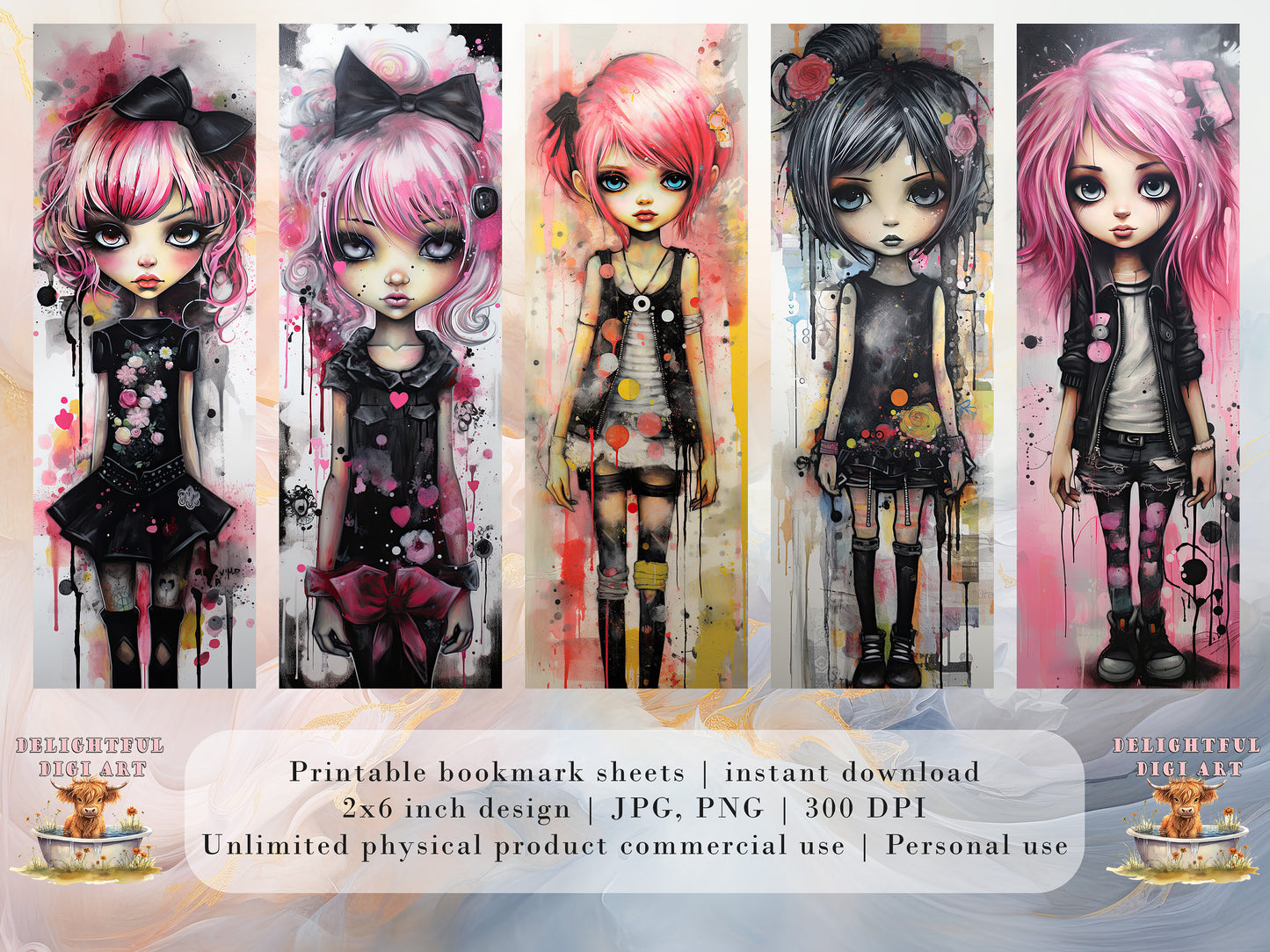15 Punk Girls Watercolor Printable Bookmarks | Digital Download JPG Bookmark Set | PNG Bundle| Big Eyes sublimation bookmark set| Chibi Girl