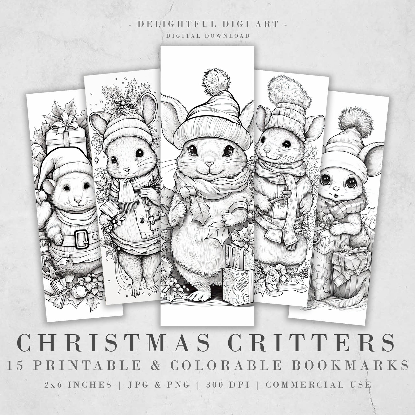 19 Cute Christmas Critter Colorable Bookmarks | Digital Download JPG Printable Bookmark Sheets | PNG bookmark sublimation | Xmas bookmarks