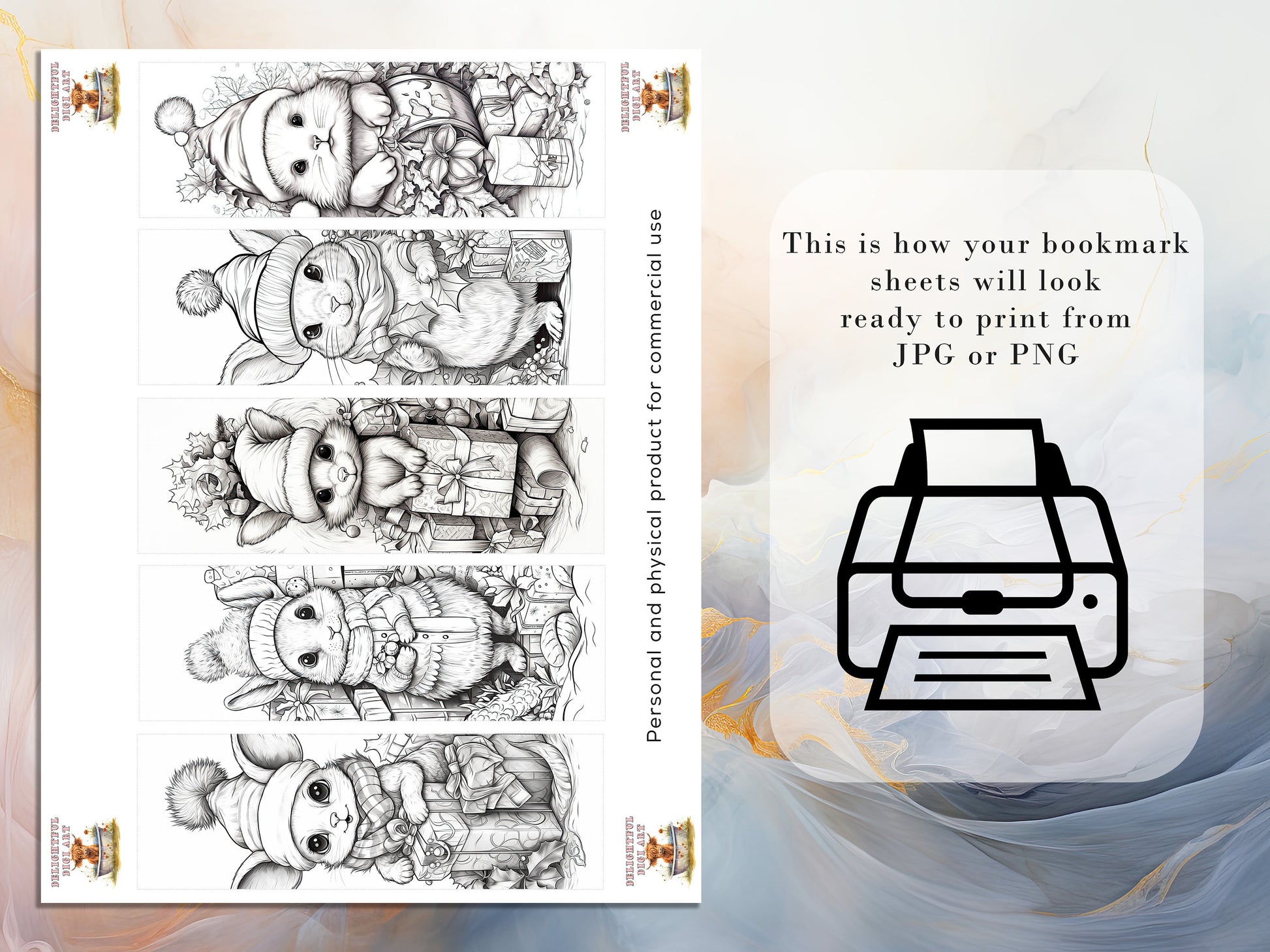 19 Cute Christmas Critter Colorable Bookmarks | Digital Download JPG Printable Bookmark Sheets | PNG bookmark sublimation | Xmas bookmarks