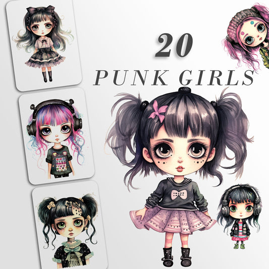 Cute Punk Girls Clipart: PNG Bundle for Crafts and Decor | Digital Download | Sublimation Designs | Whimsical Girl Art| Girl with big eyes